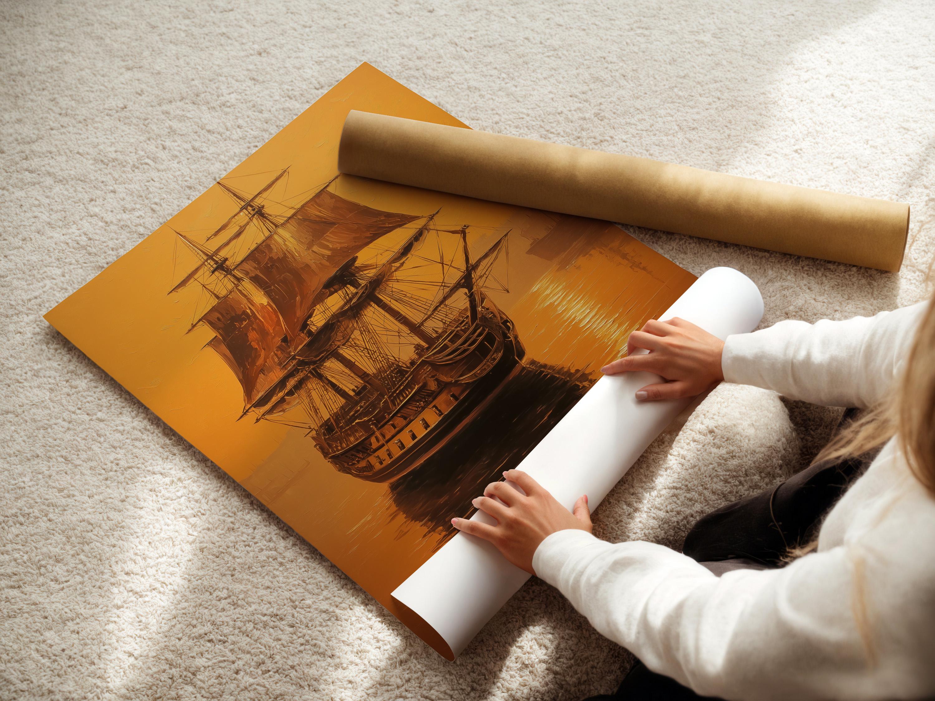 Sailing ship at sea in warm gold and brown tones with a bright pale disc and water reflections detail view