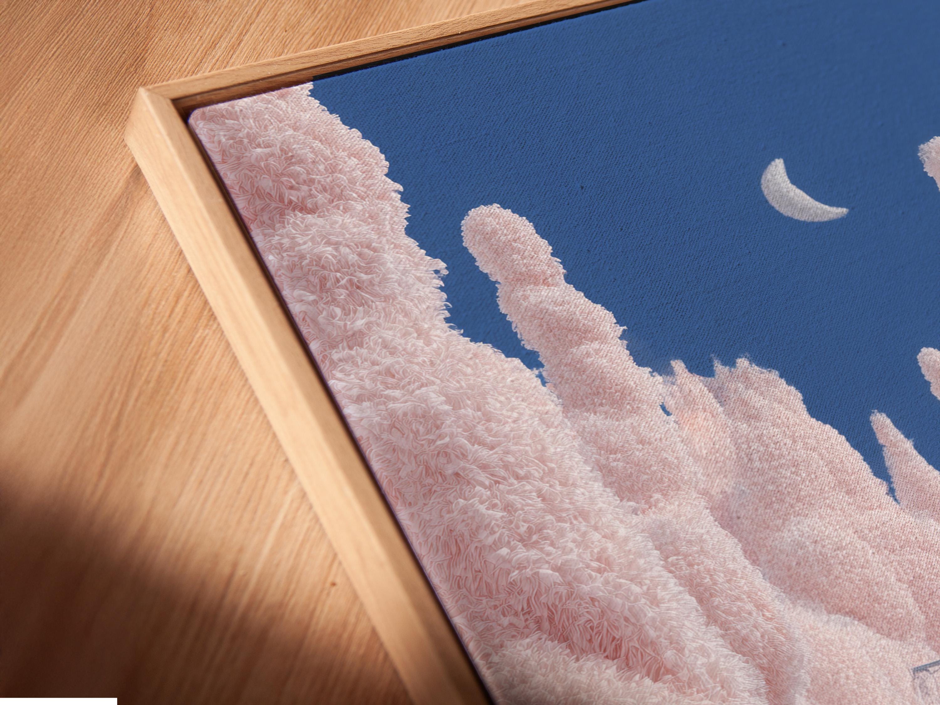 Snowy train on diagonal tracks with a pale moon above blush-pink winter trees and deep blue sky detail view
