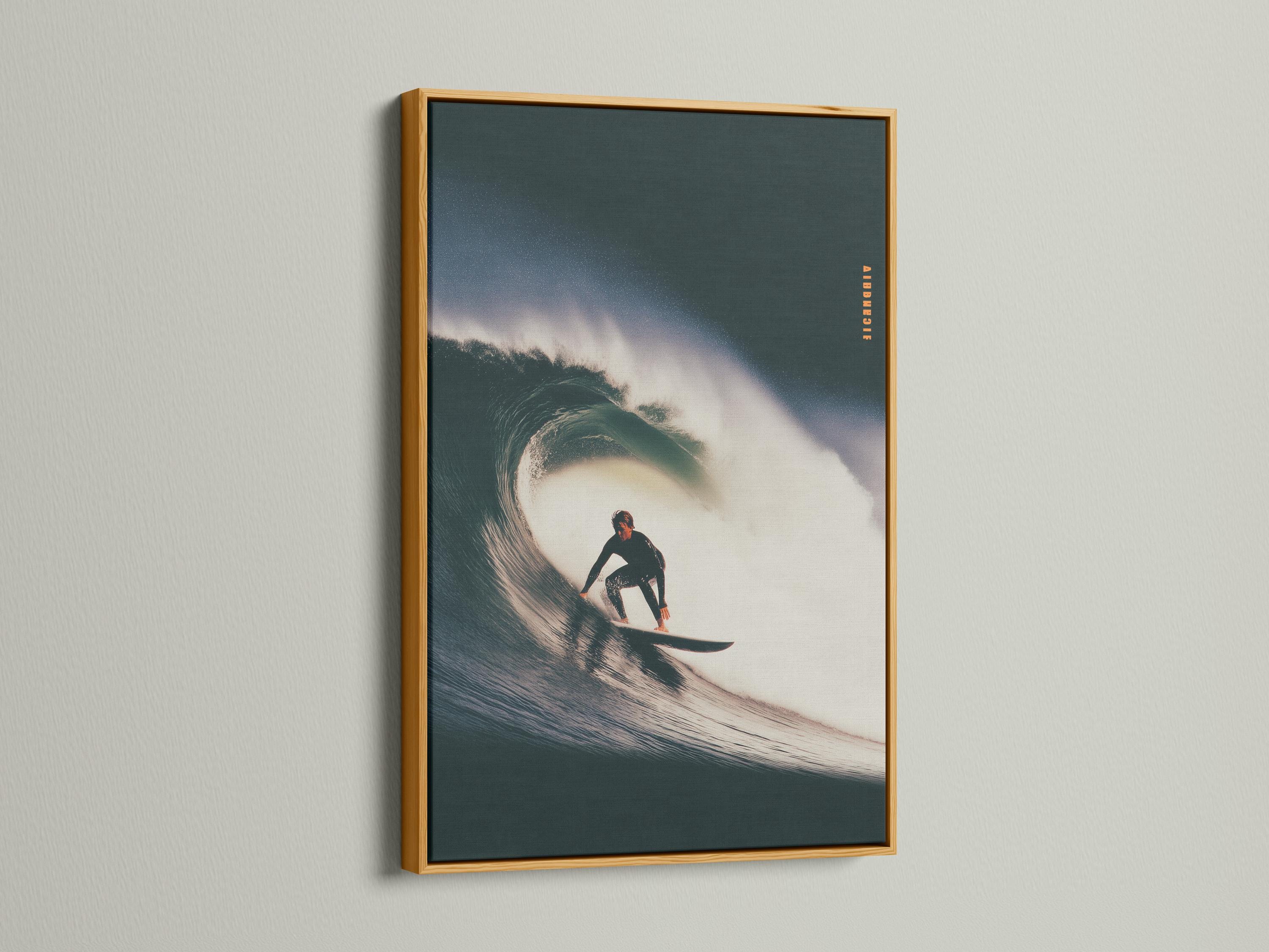 Surfer riding a curling wave, shown in dark teal ocean tones with bright white foam and spray mist detail view