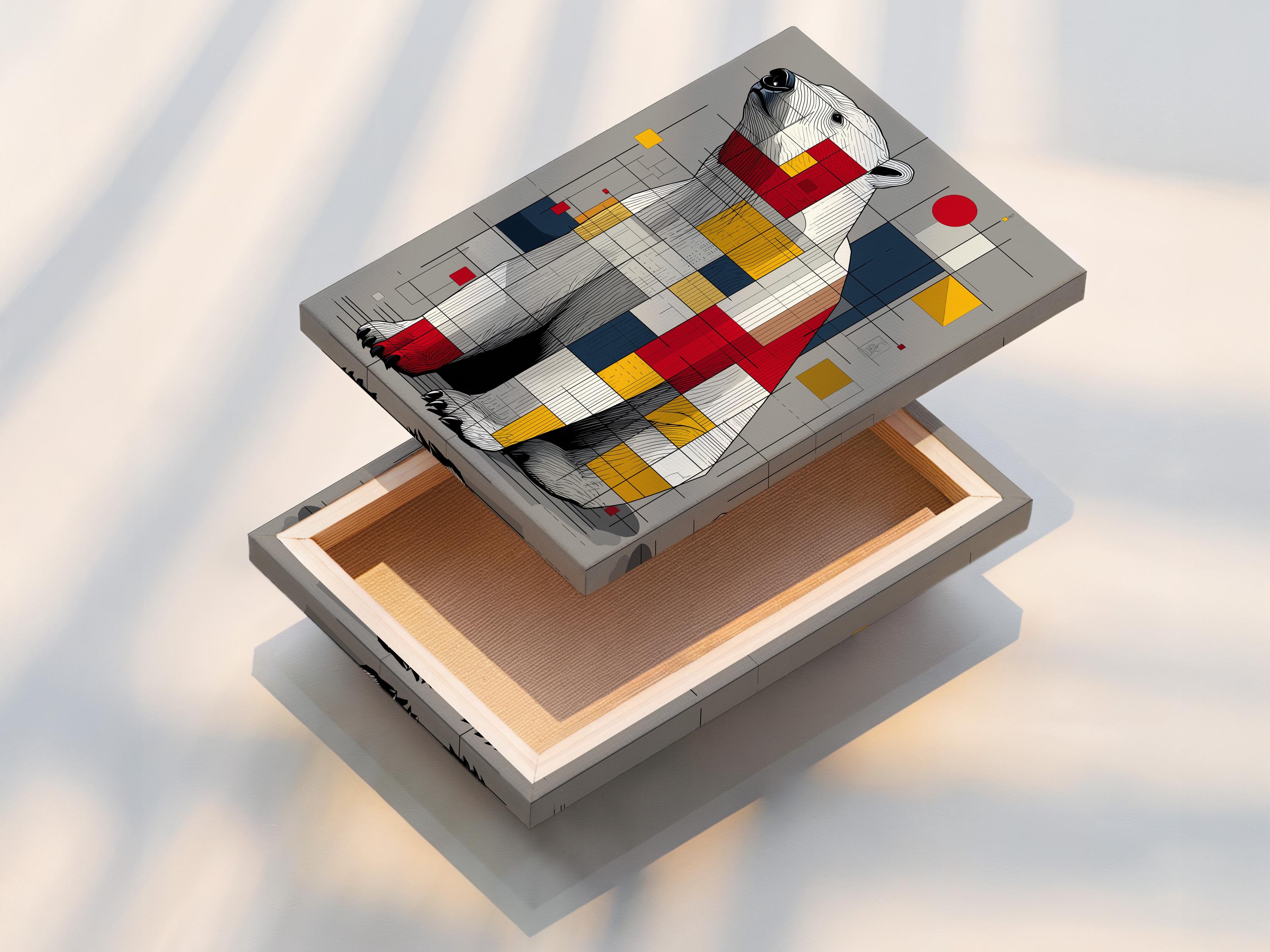 Room mockup showing framed geometric polar bear artwork on a wall
