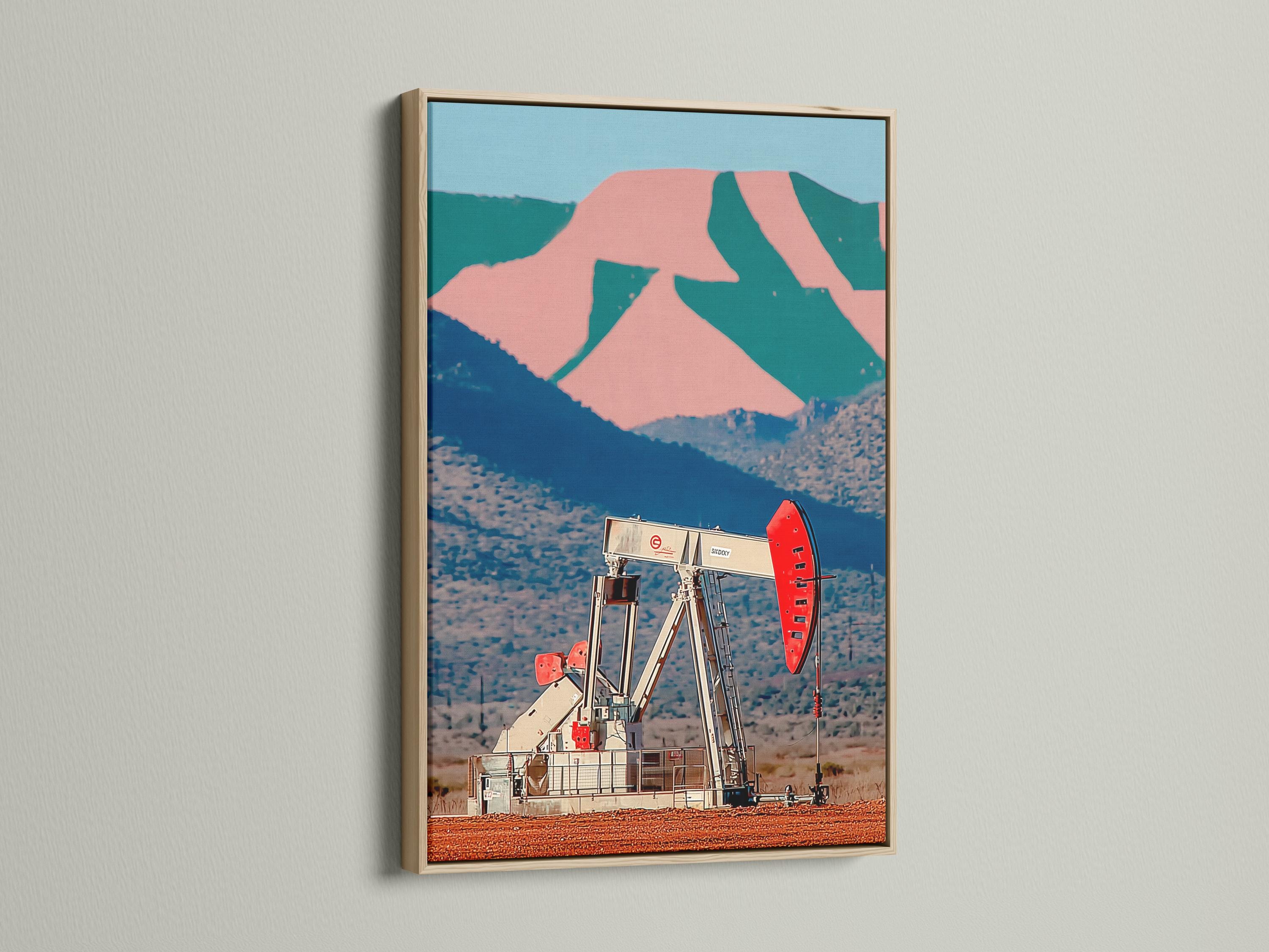 Retro oil pump rig artwork in a desert landscape with blue hills and pink rocks detail view
