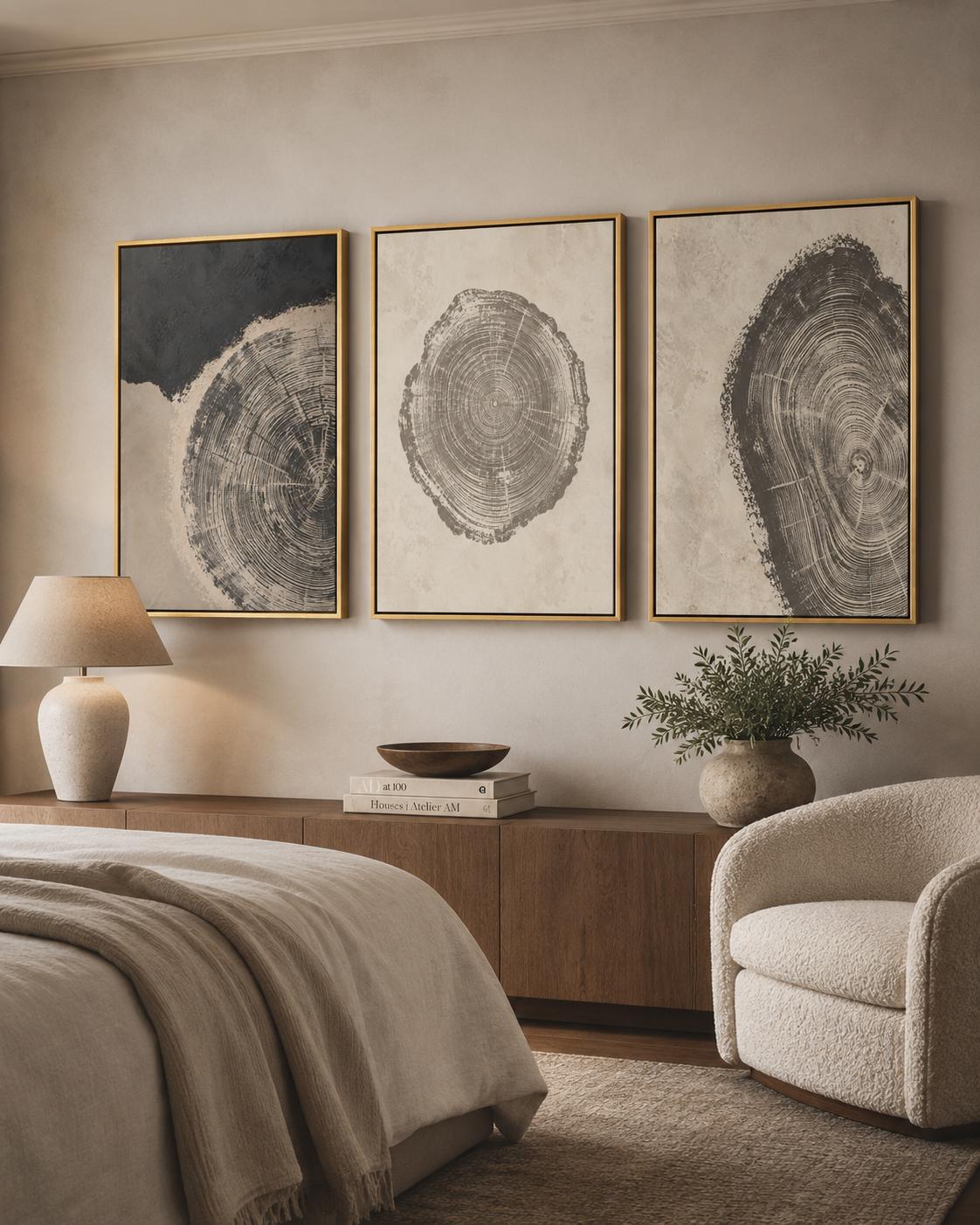 Three-panel abstract tree-ring circles in grey linework on neutral backgrounds detail view