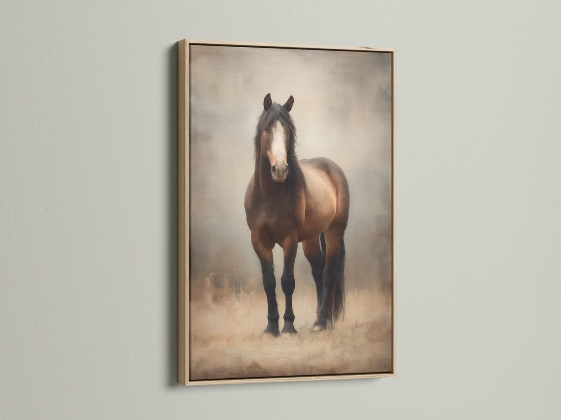 Room mockup showing a framed brown horse portrait artwork on a beige wall