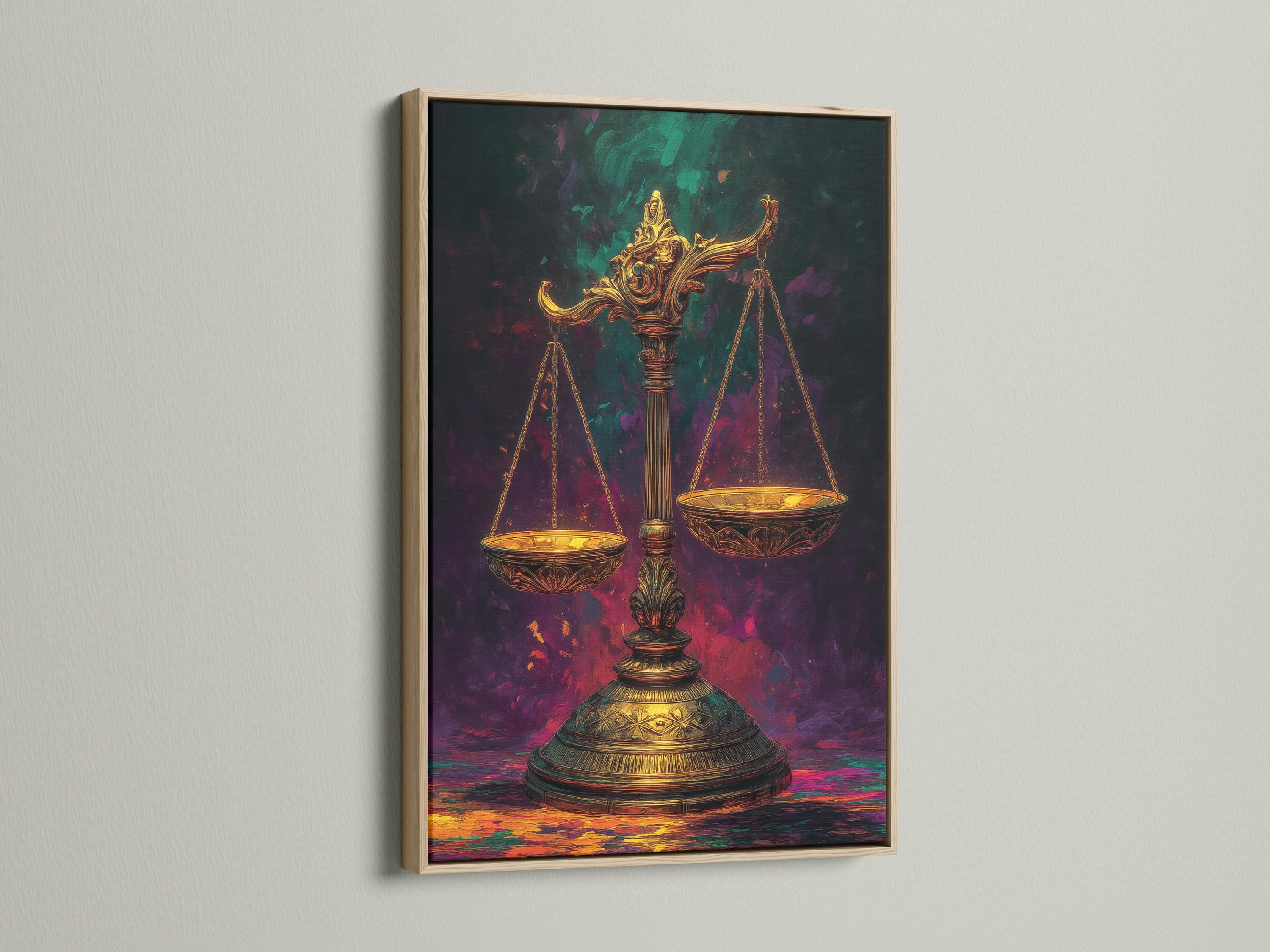 Framed artwork mockup showing ornate gold scales of justice against a smoky purple and green background