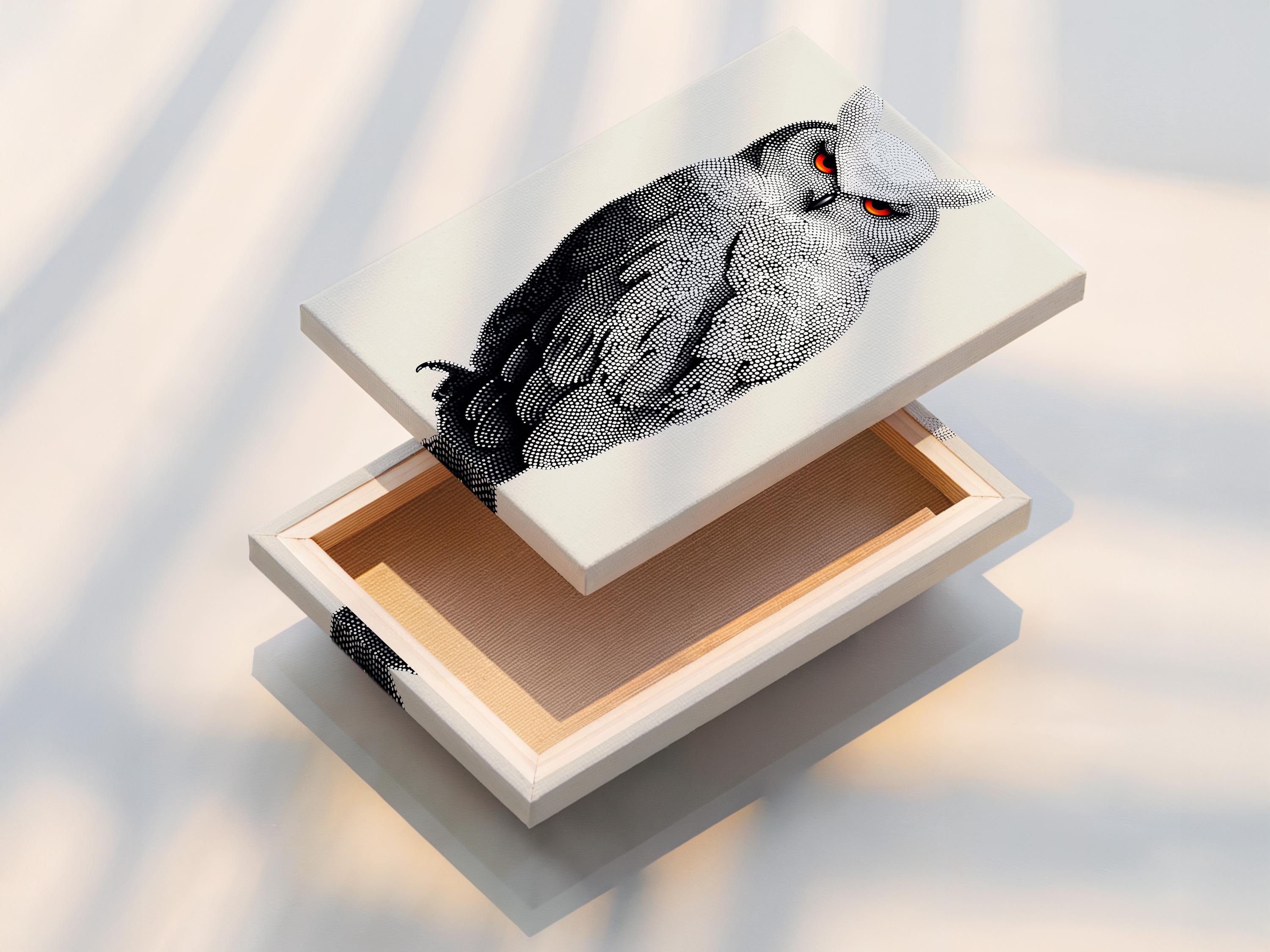 Dotted owl artwork in black and white with bright red-orange eyes detail view