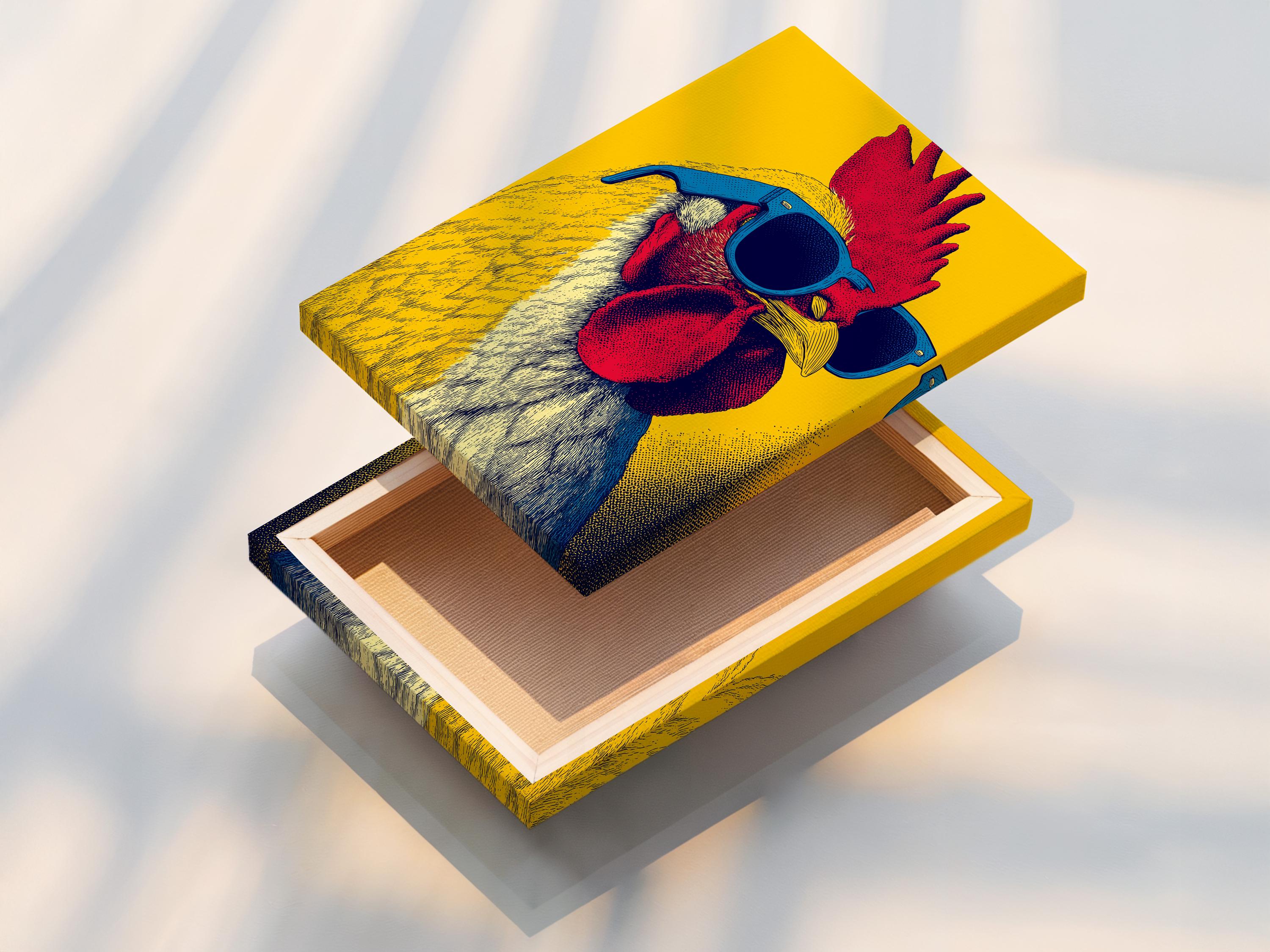 Room mockup featuring a framed pop-art rooster with blue sunglasses on a yellow background