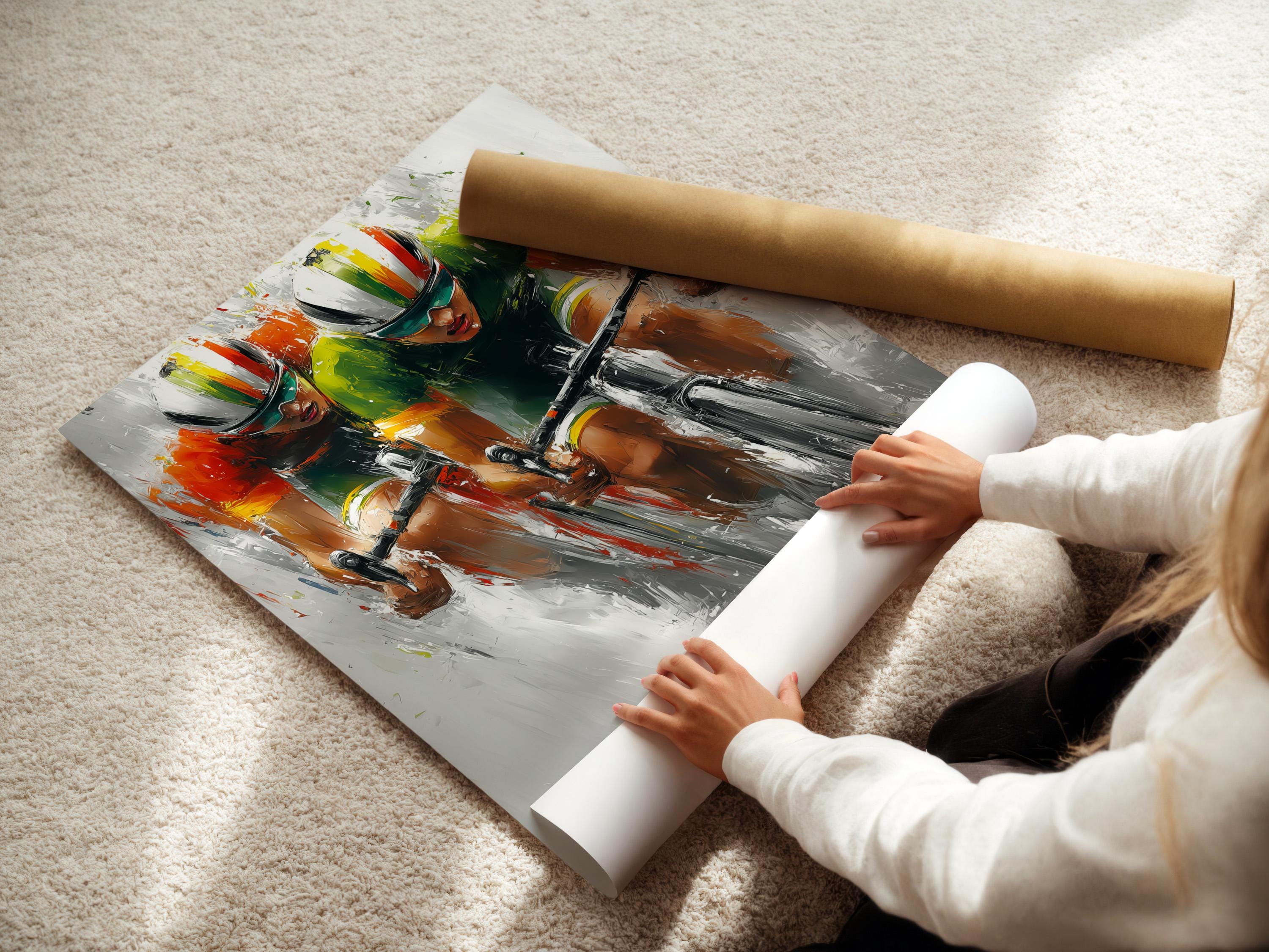 Cycling artwork mockup showing a framed print with two cyclists racing diagonally