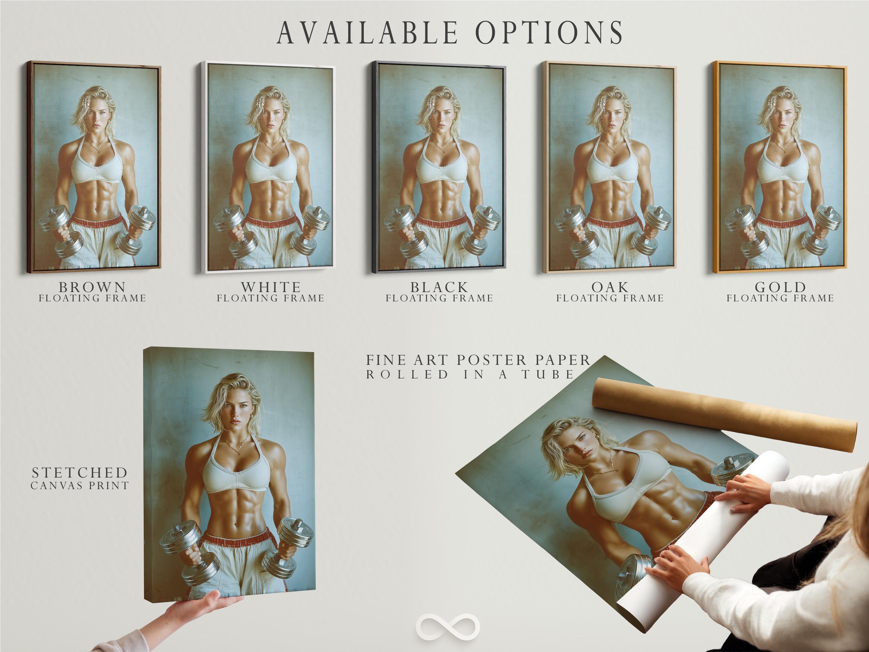 Room mockup showing a framed fitness portrait of a woman holding dumbbells on a teal background
