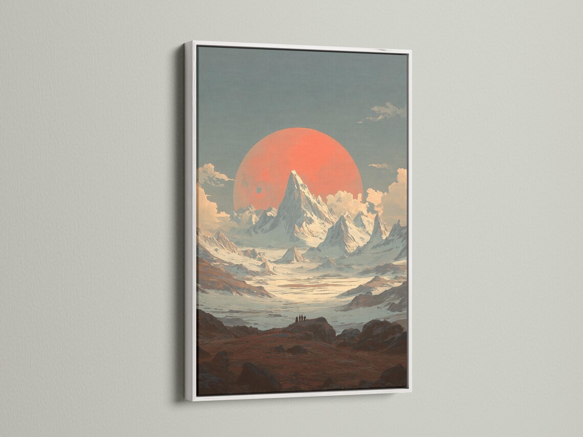 Framed stylised mountain sunset landscape artwork shown in a mock display