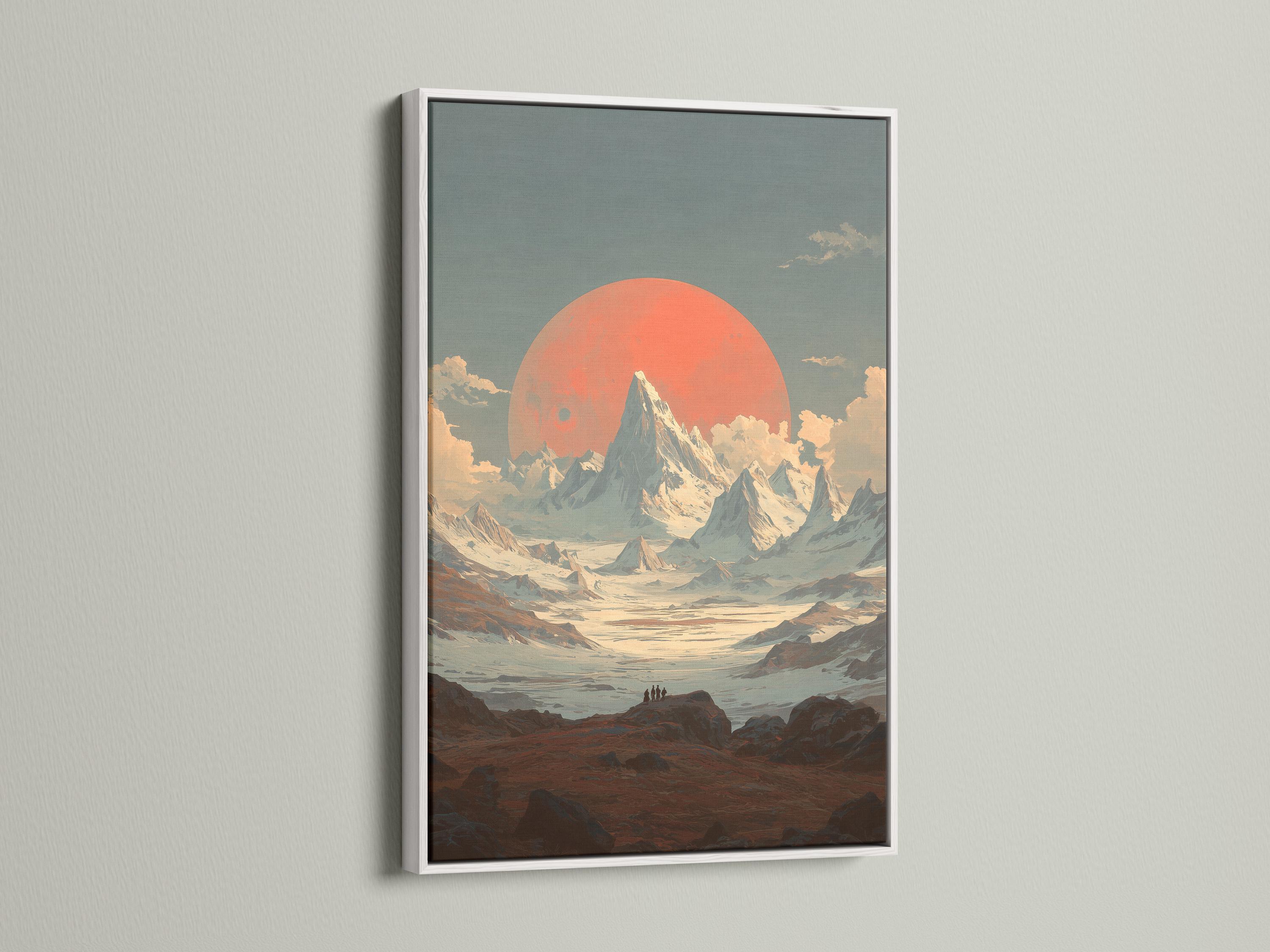 Framed stylised mountain sunset landscape artwork shown in a mock display