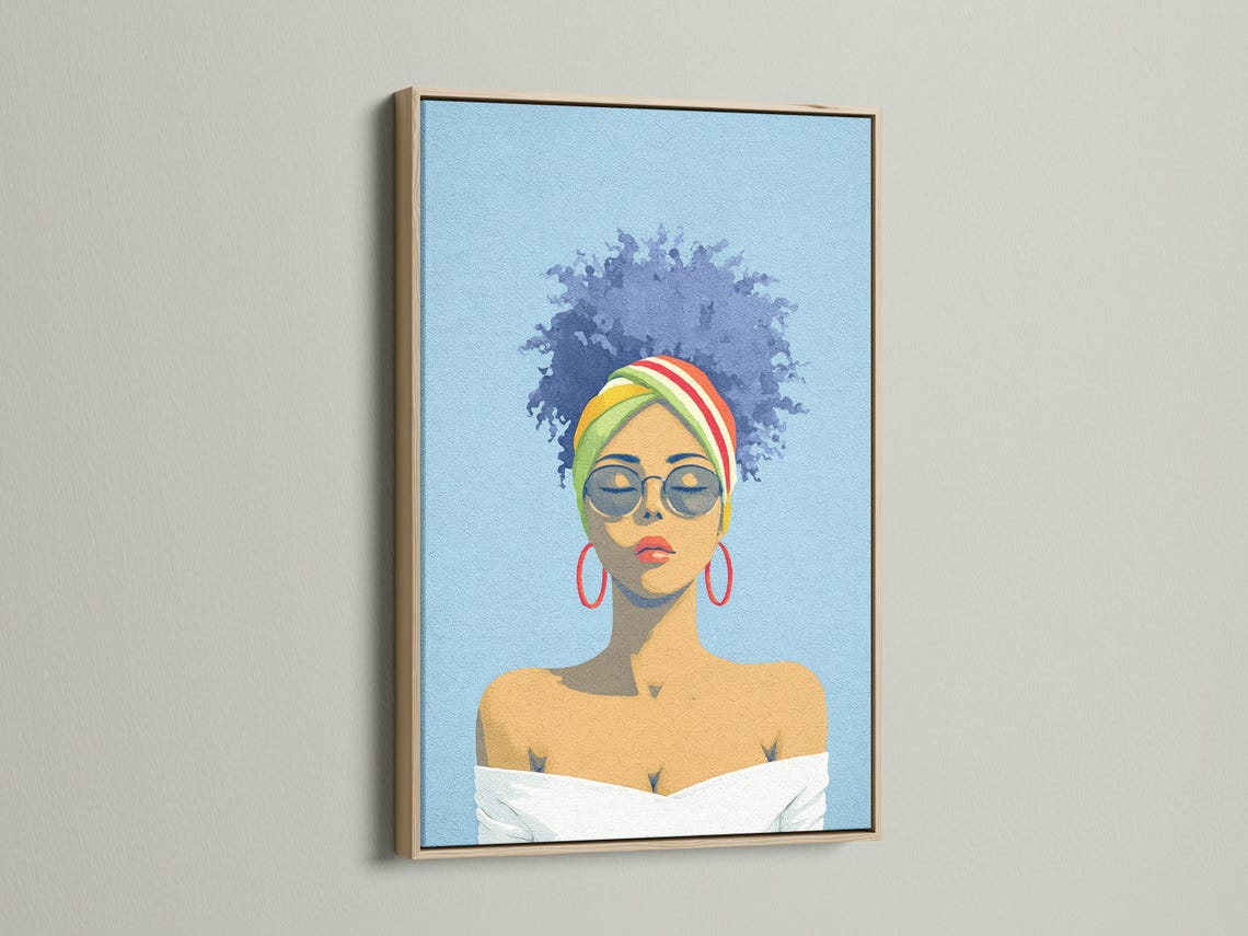 Stylised portrait of a woman with glasses and a rainbow headwrap on a textured blue background detail view