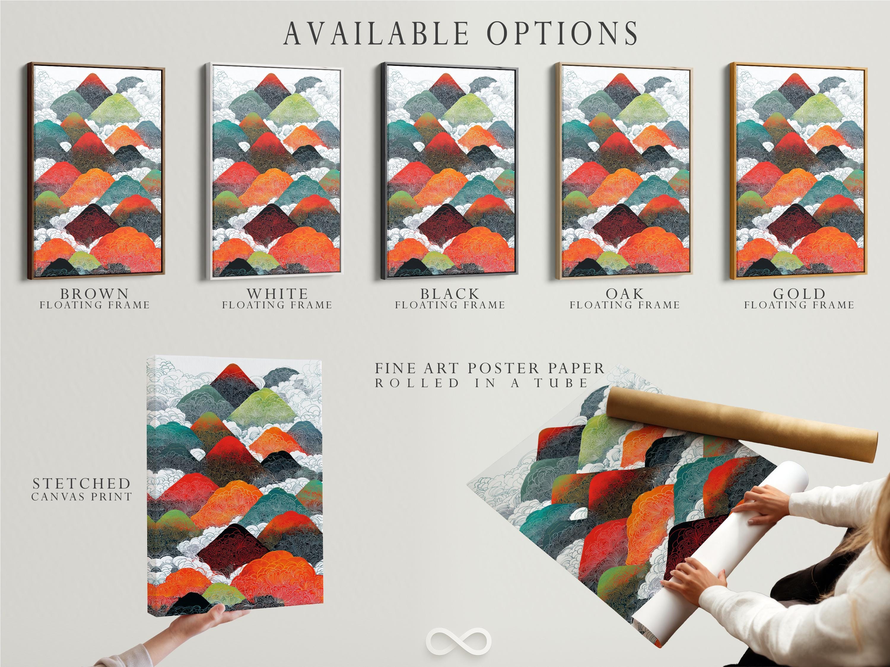 Illustrated mountain range with repeating contour line texture in red, orange, teal and green detail view
