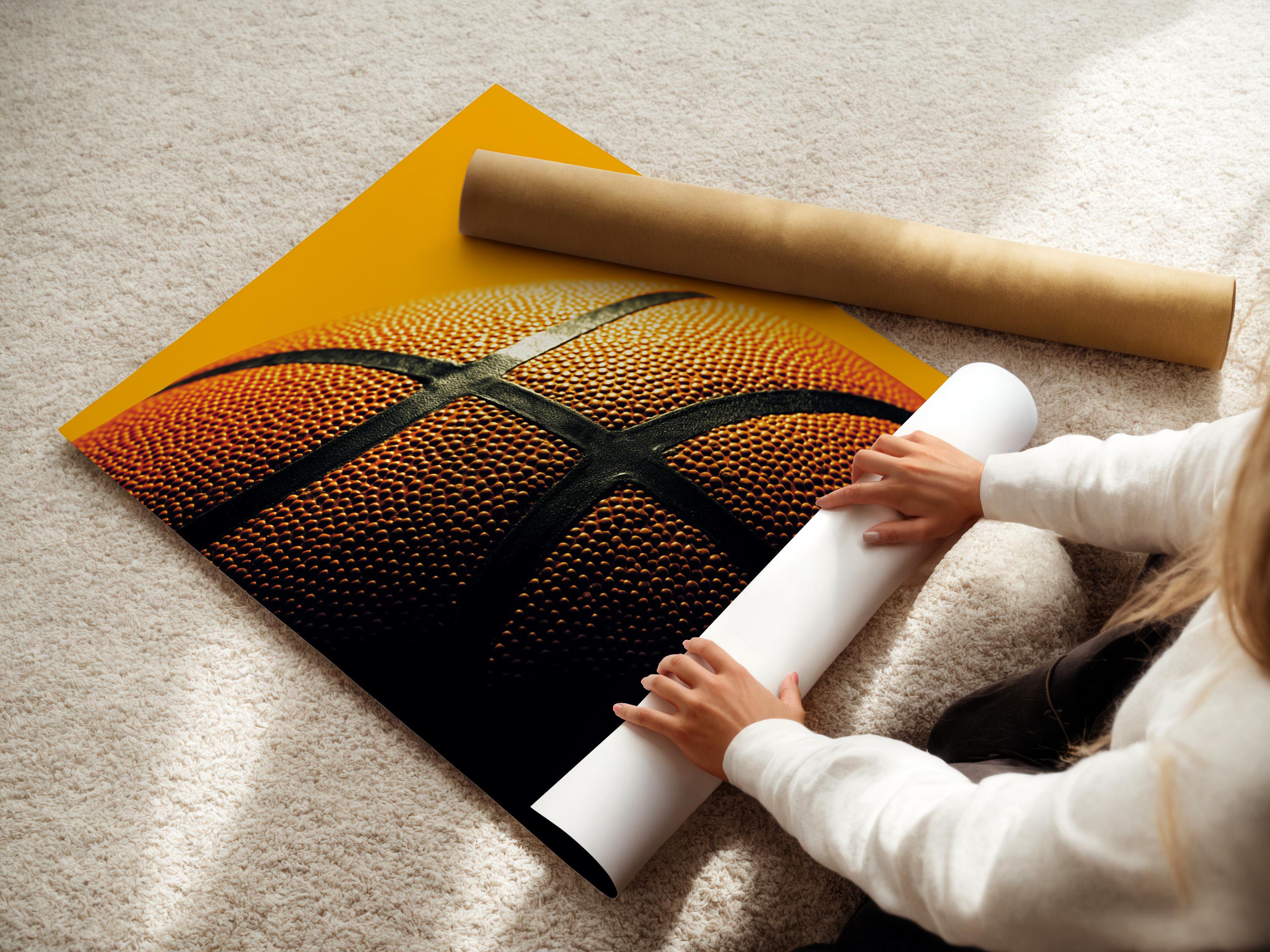 Close-up basketball surface with orange dimples and dark curved grooves