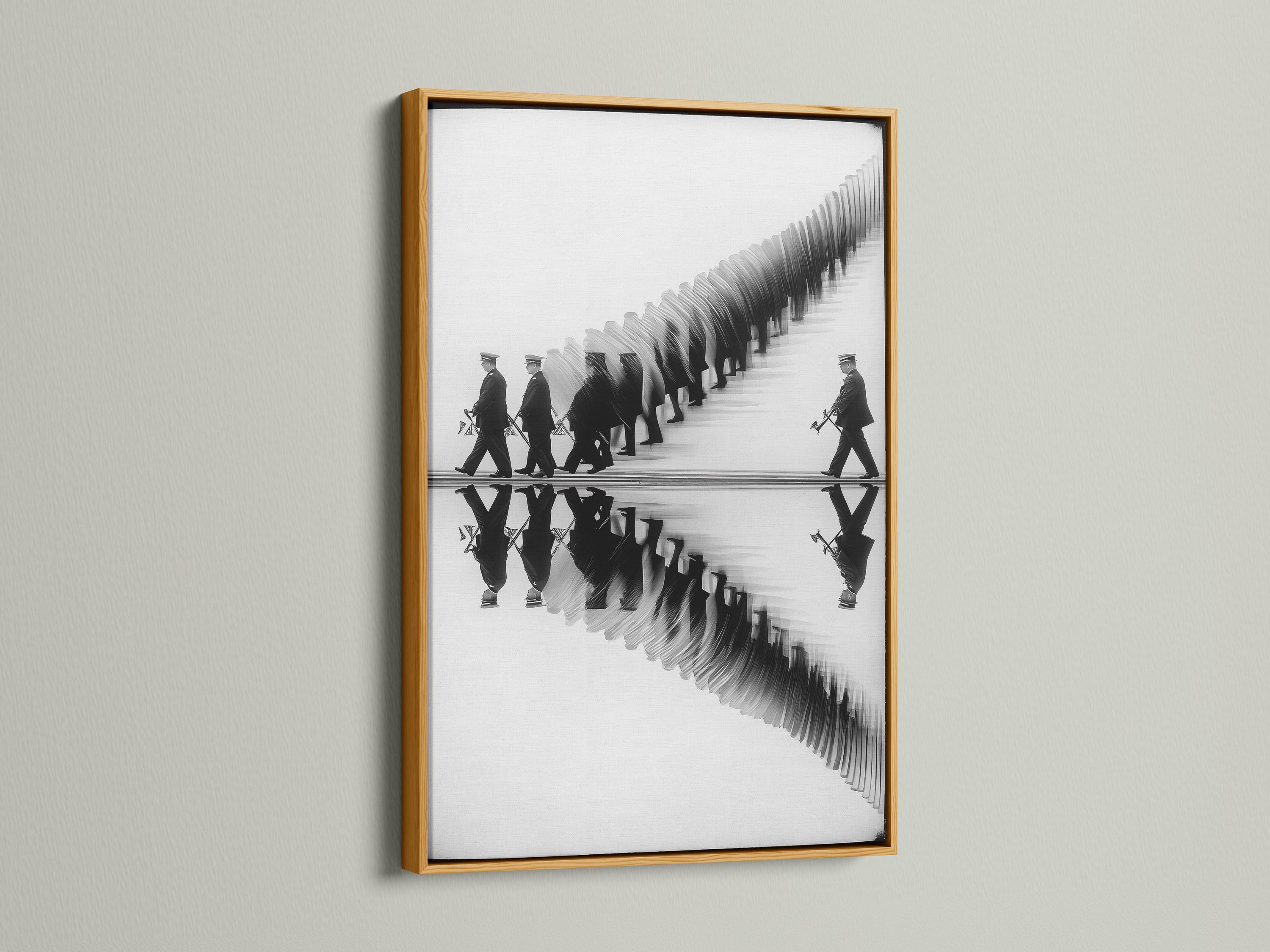 Black and white image of a marching band with mirrored reflection on a pale surface detail view