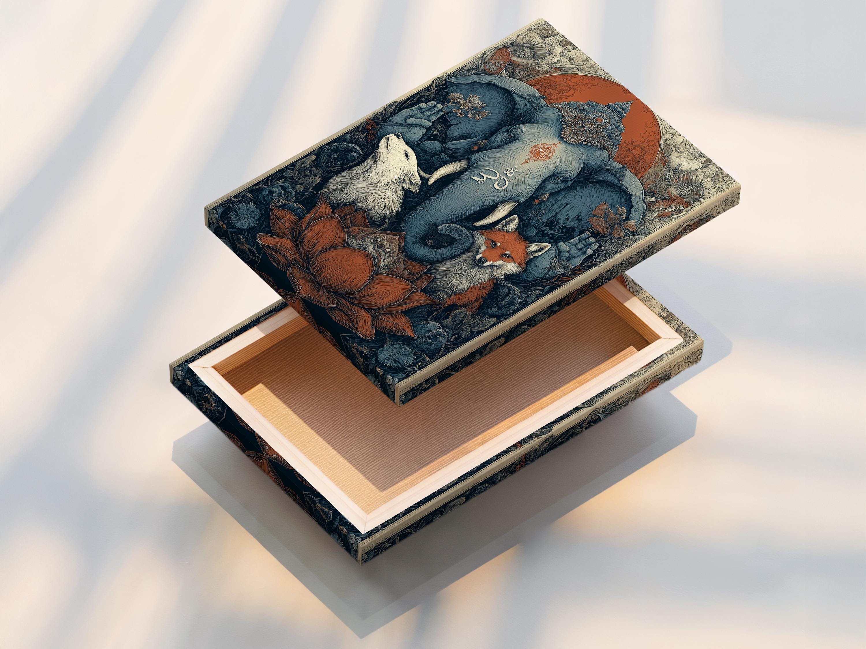Ornate spiritual animal illustration of a blue elephant with an om symbol, fox and wolf in a forest scene detail view