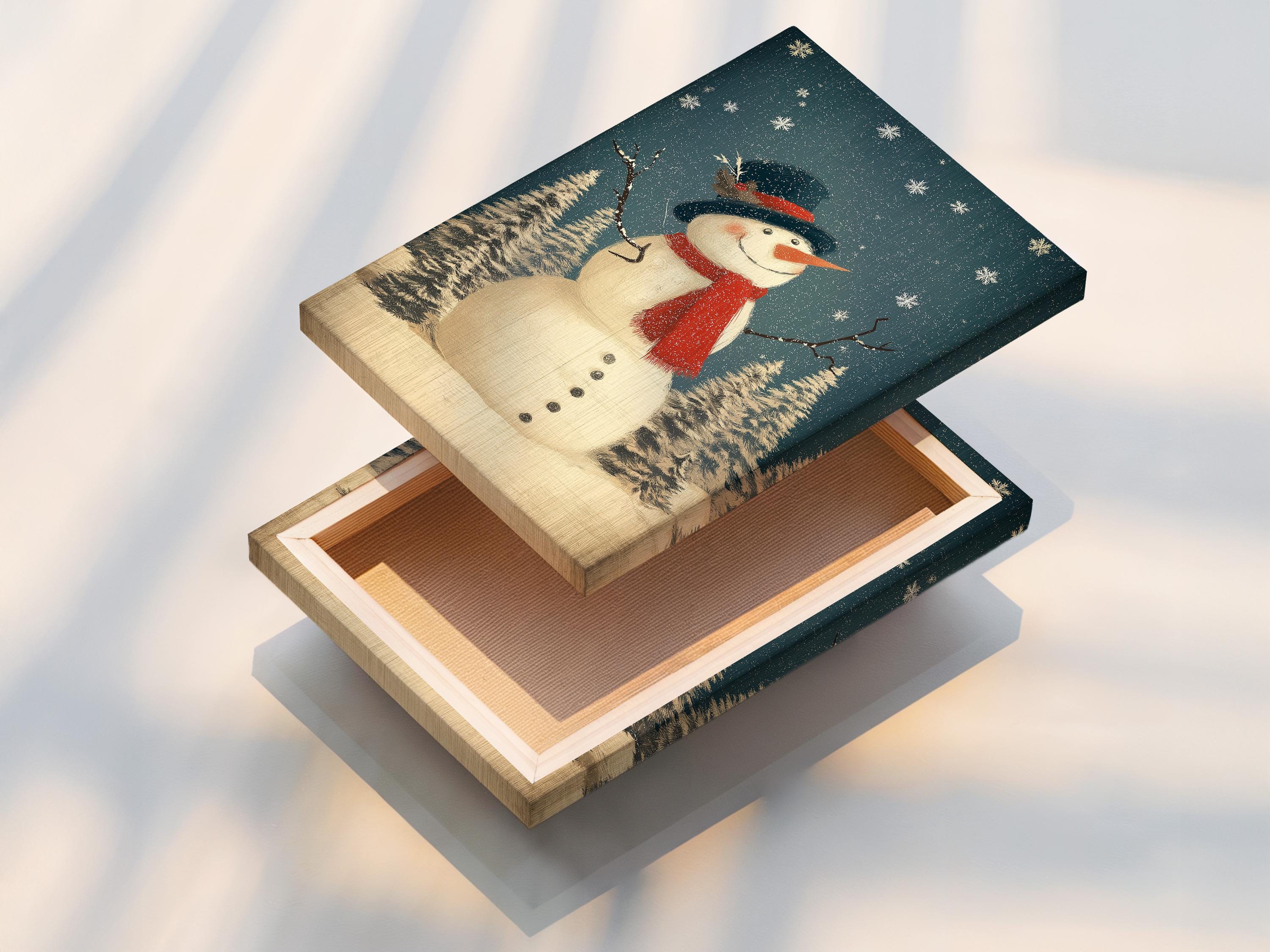 Smiling snowman with red scarf and dark hat in a snowy pine forest with falling snow detail view