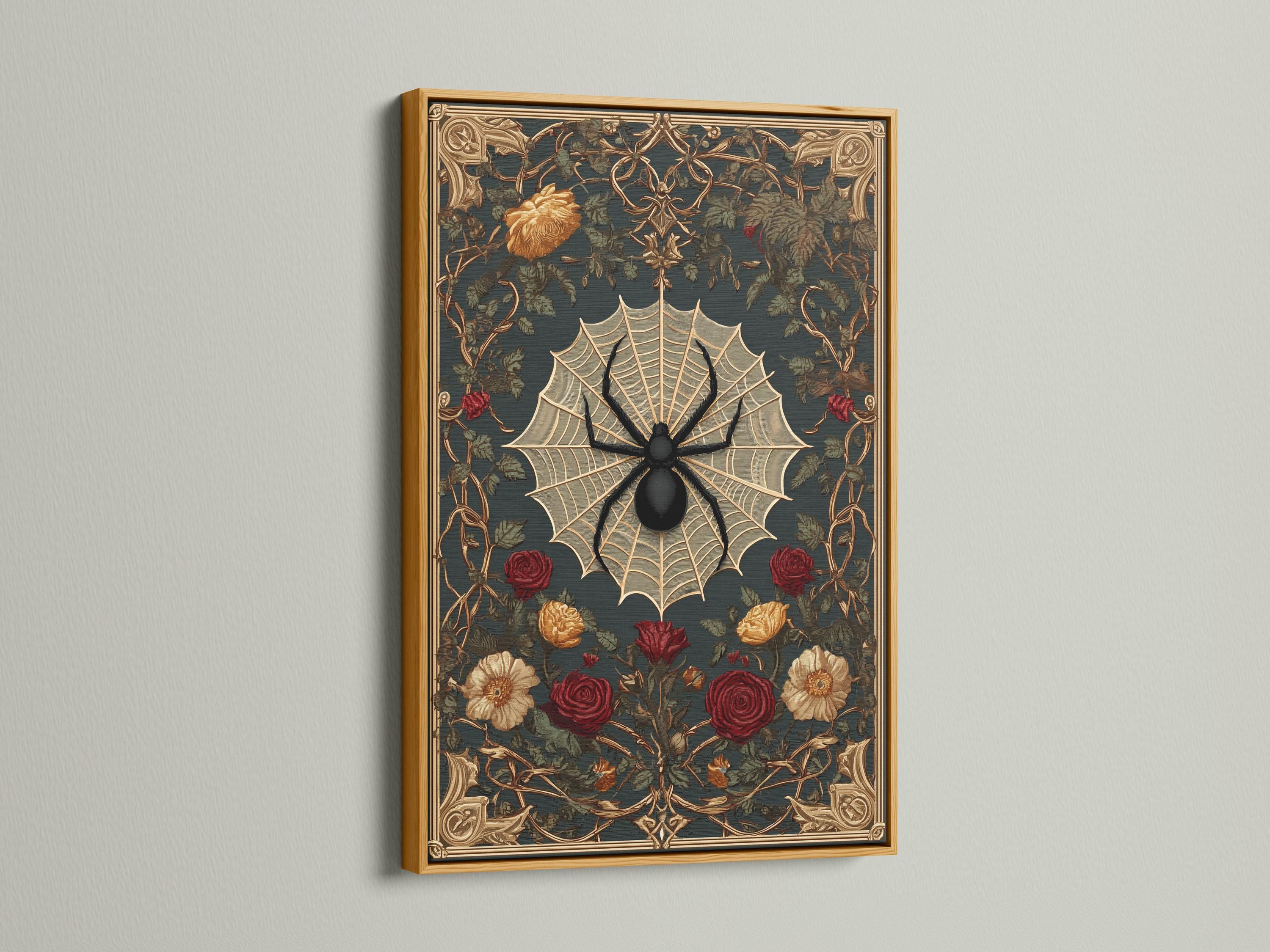 Gothic spider web and roses artwork shown in a mockup with hanging views