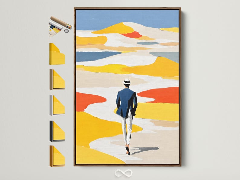 Stylised coastal beach painting showing a person walking away with yellow dunes, white surf-like waves and a blue sky