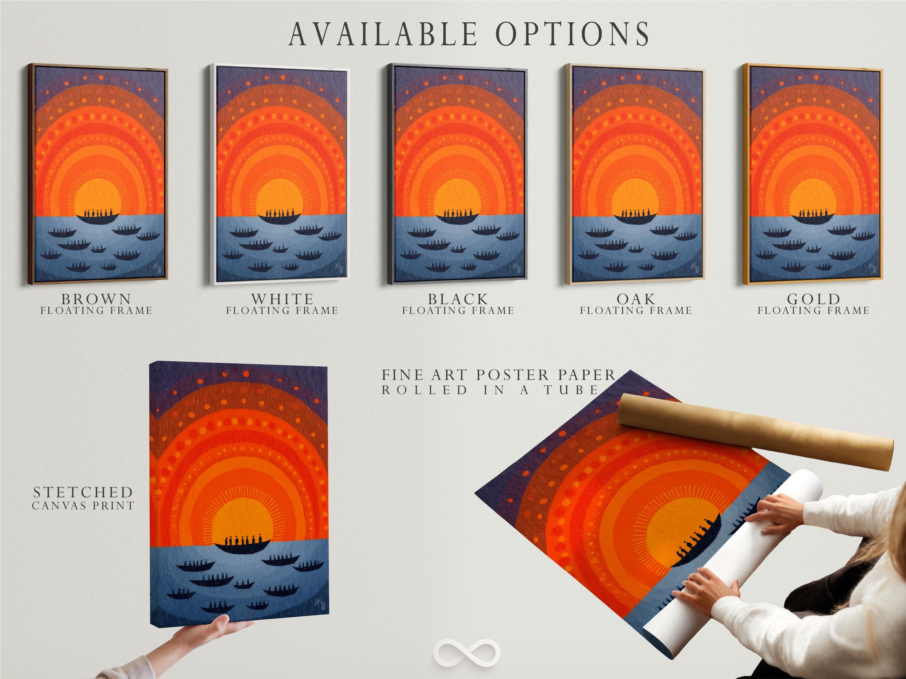 Abstract boats and sunset arcs in orange and navy with a purple dotted sky detail view