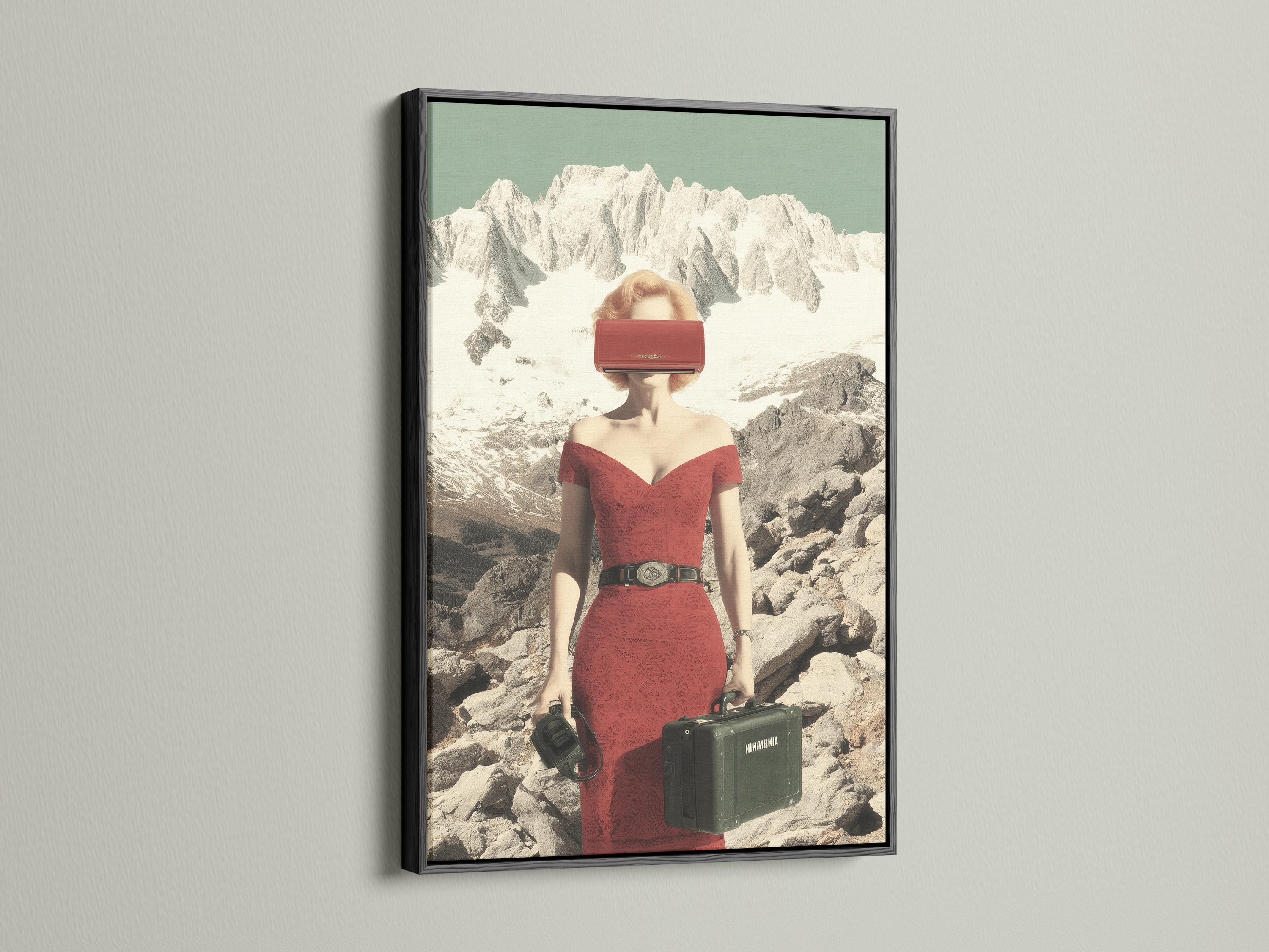 Surreal woman in a red dress standing in a snowy mountain landscape with luggage detail view