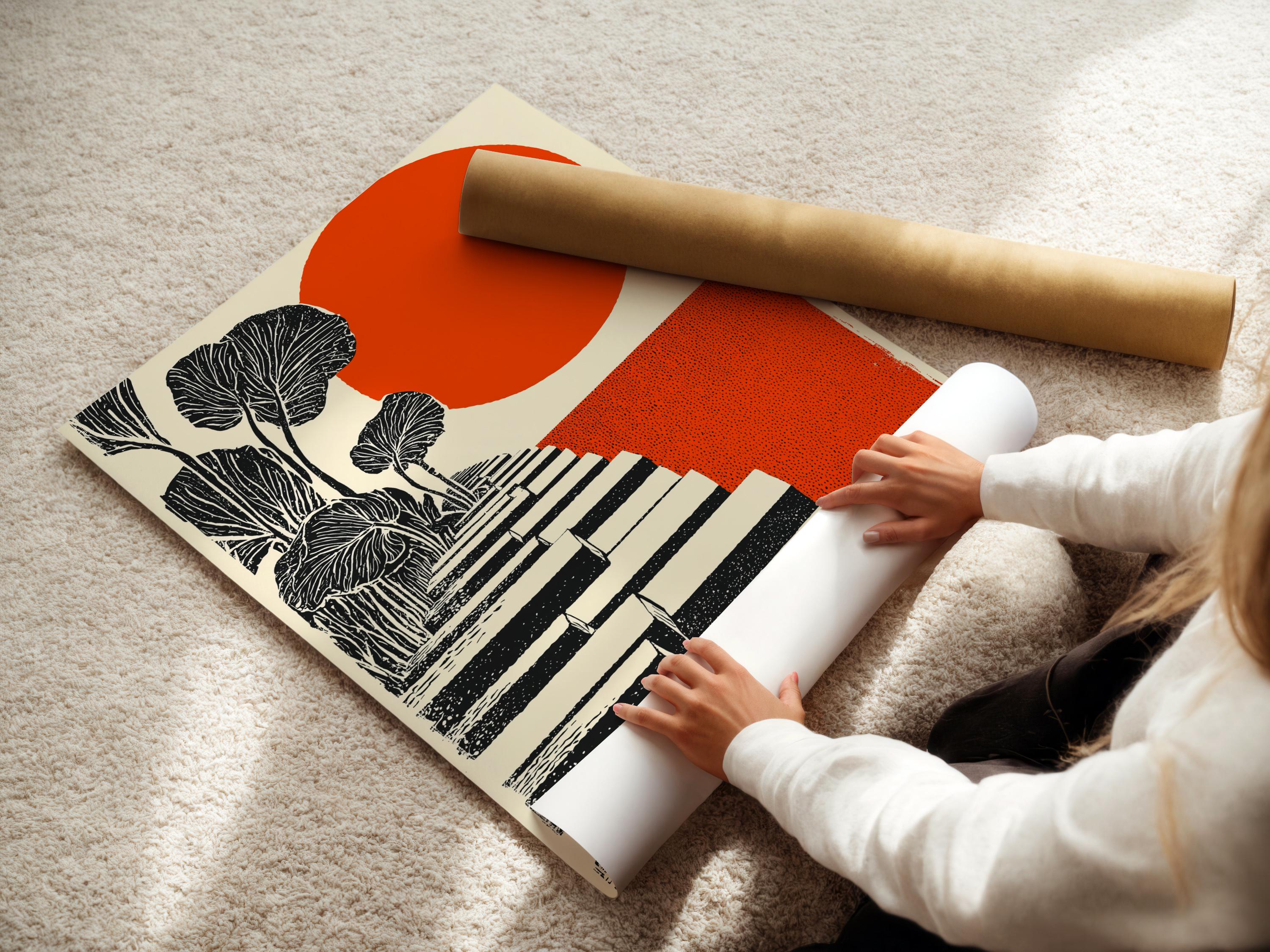 Orange sun with black botanical tree and diagonal stepped blocks artwork detail view