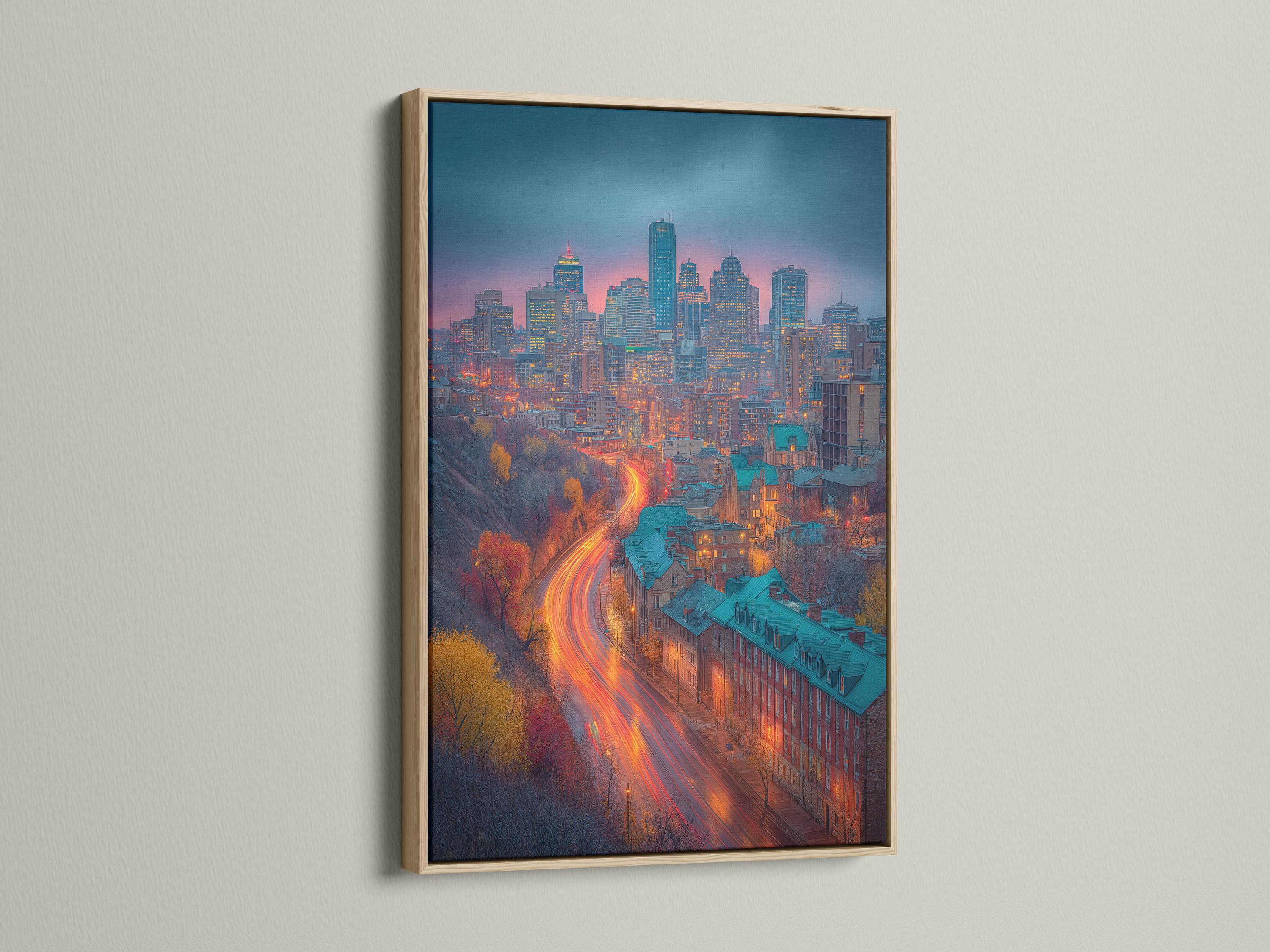 Teal and orange dusk city skyline with glowing curved road lights detail view
