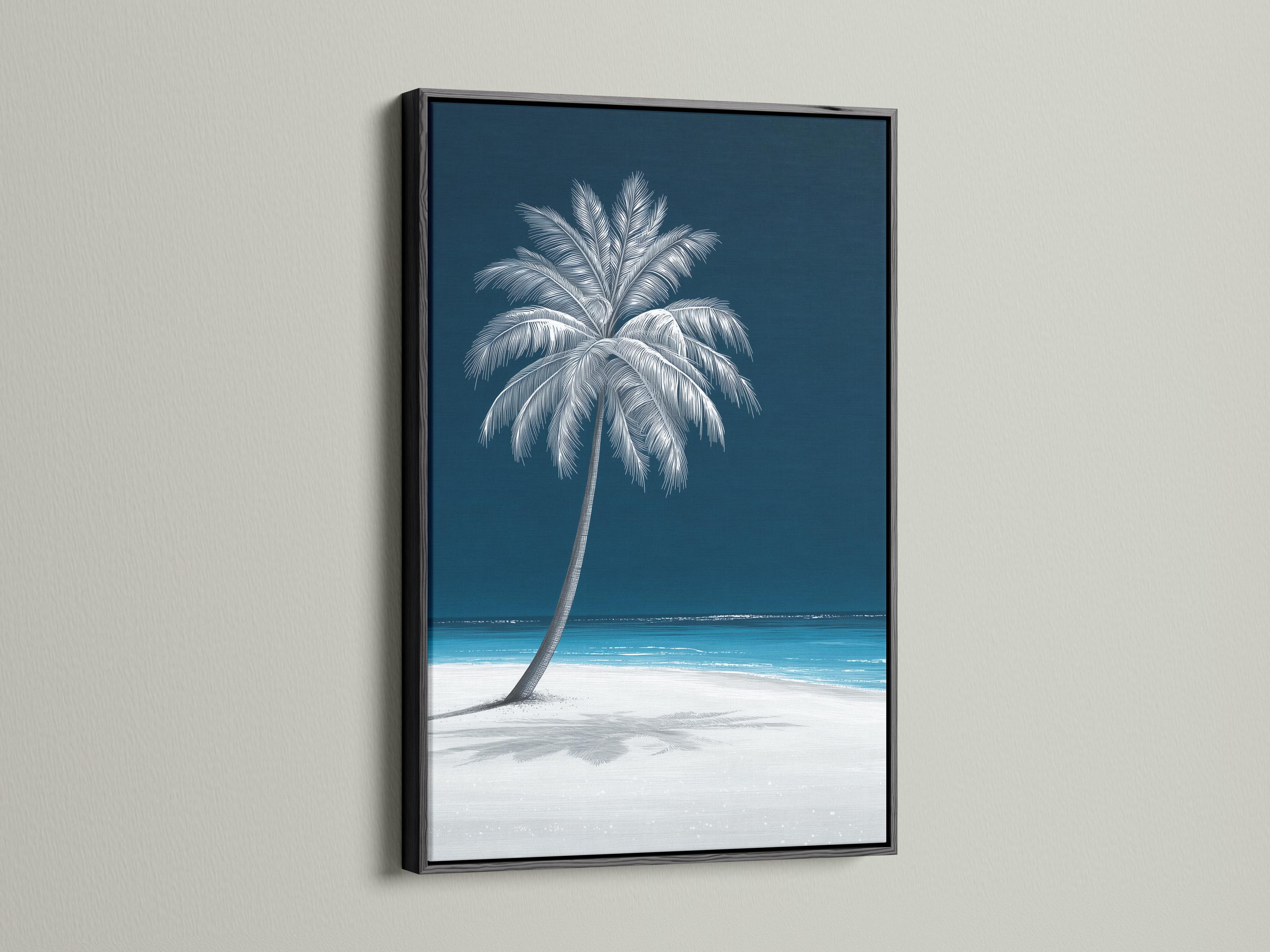 Room mockup showing framed palm tree seascape artwork