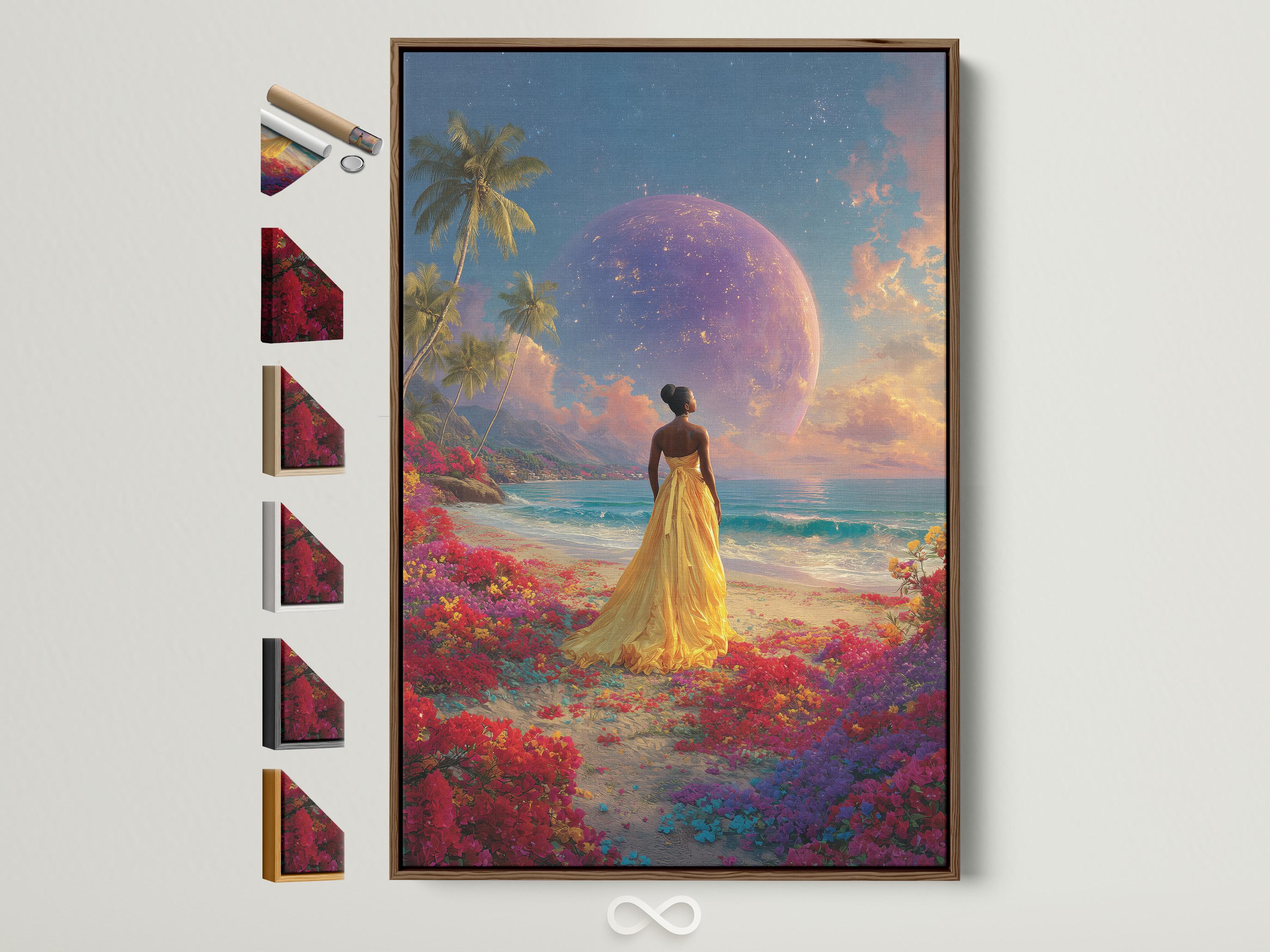 Room scene with a woman in a gold dress tropical beach artwork leaning against a wall