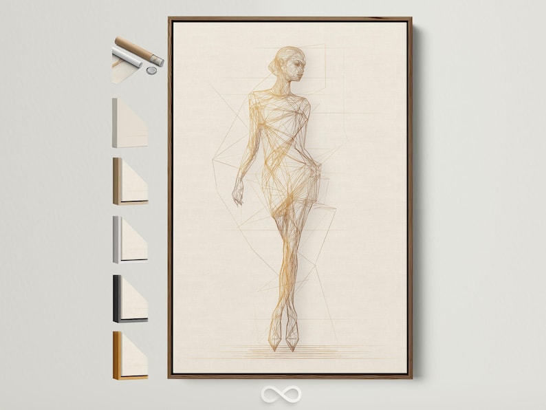 Minimalist gold line drawing of a standing woman with faint geometric grid lines