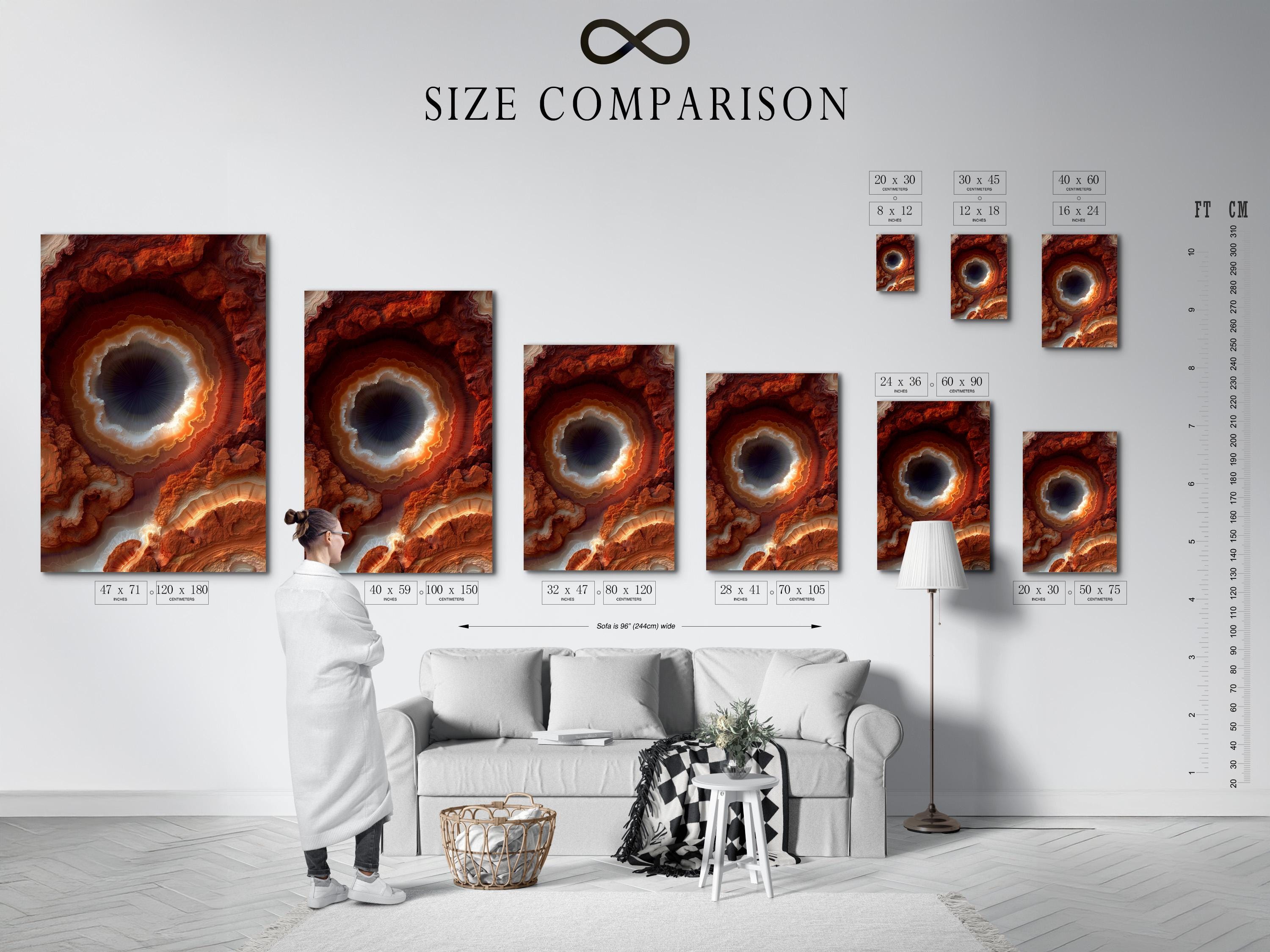 A rust orange geode-like abstract design shows a bright glowing ring around a dark centre, surrounded by marbled stone textures detail view