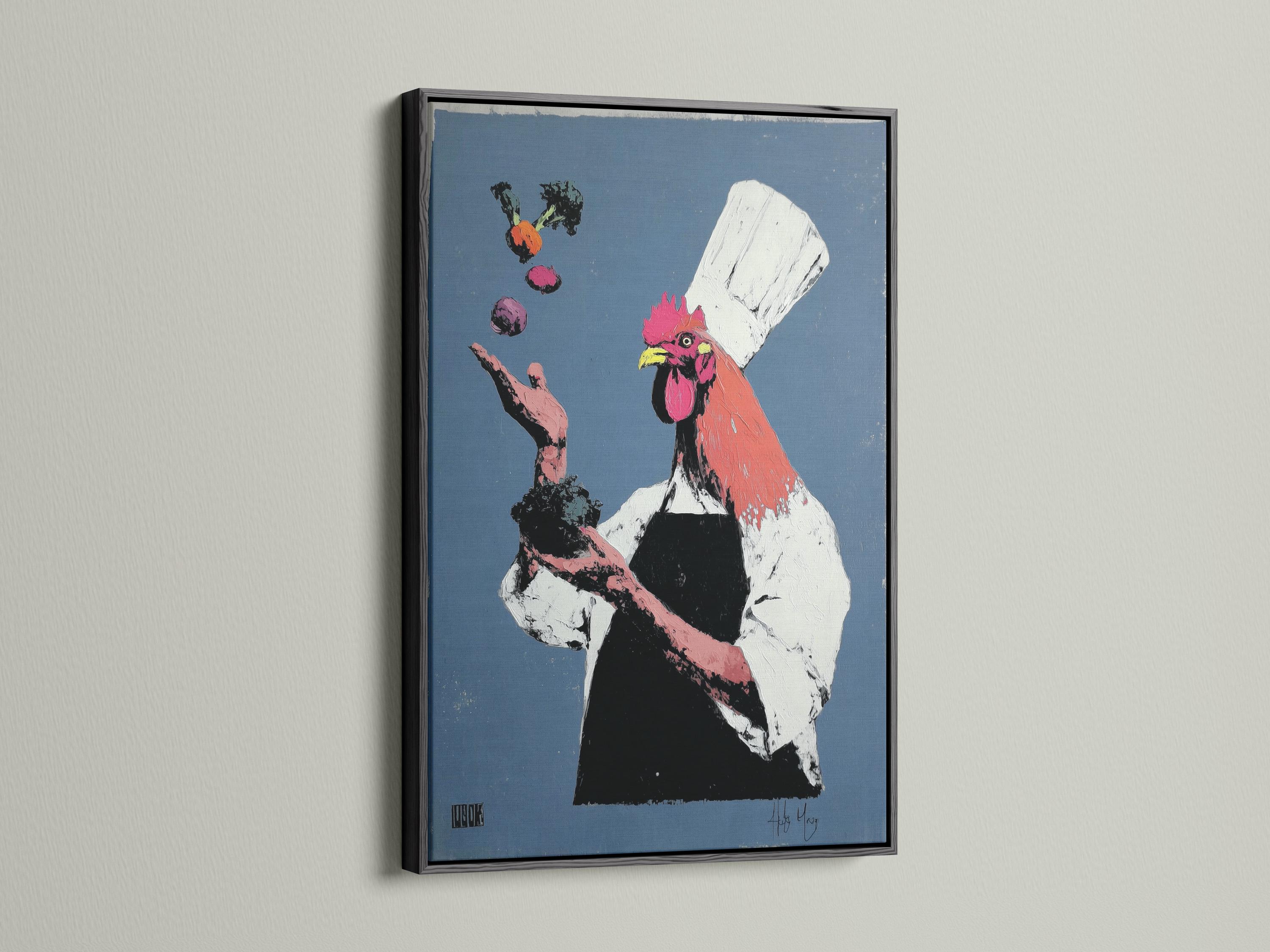 Rooster chef illustration with a tall white hat on a blue background with pink, black and yellow details detail view