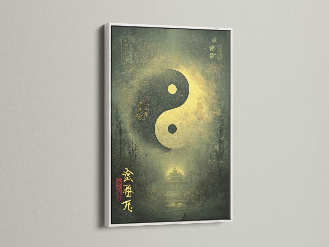 Green and gold yin-yang symbol with swirling patterns over a misty forest background detail view