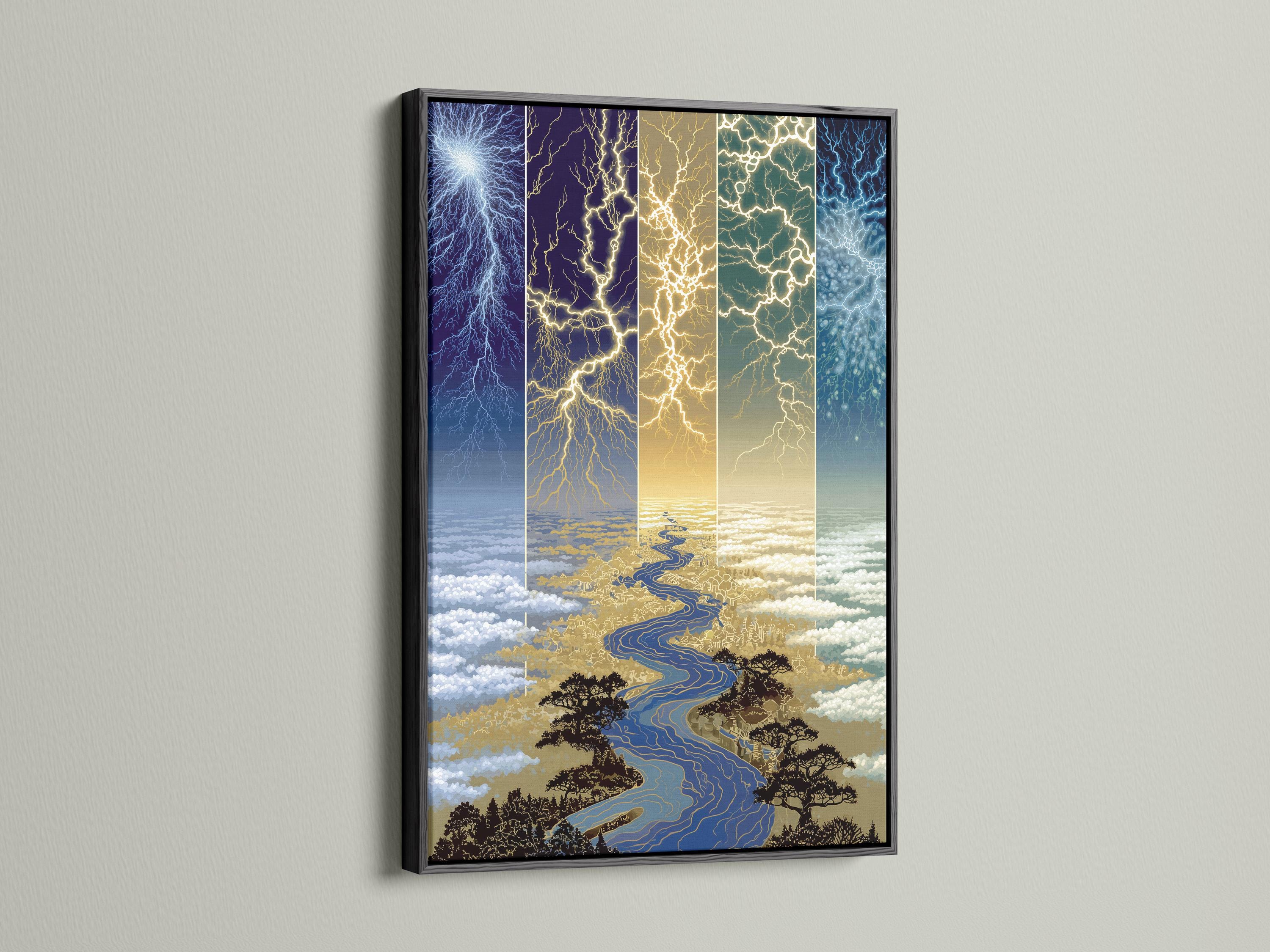 Blue and gold lightning river landscape with branching lightning bolts detail view
