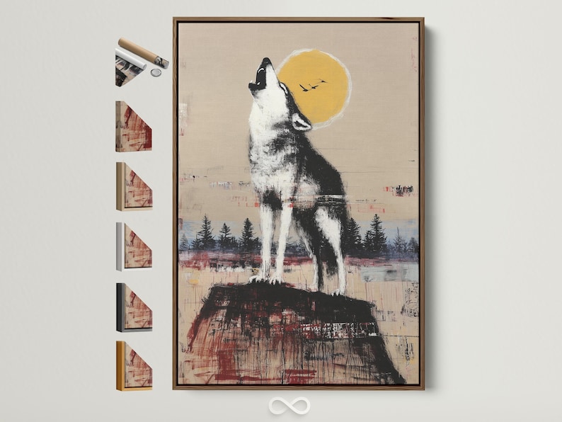 Black and white howling wolf beneath a warm yellow moon with a forest landscape