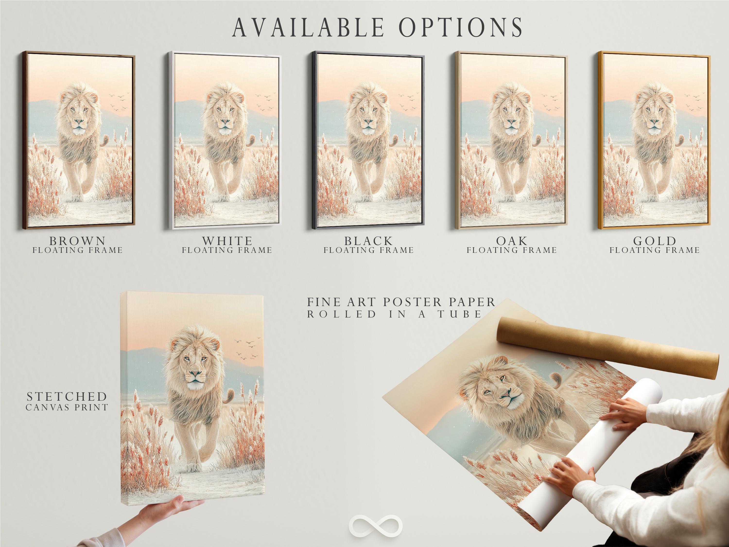 Neutral lion standing in a soft savannah scene with reeds, hills and small birds detail view
