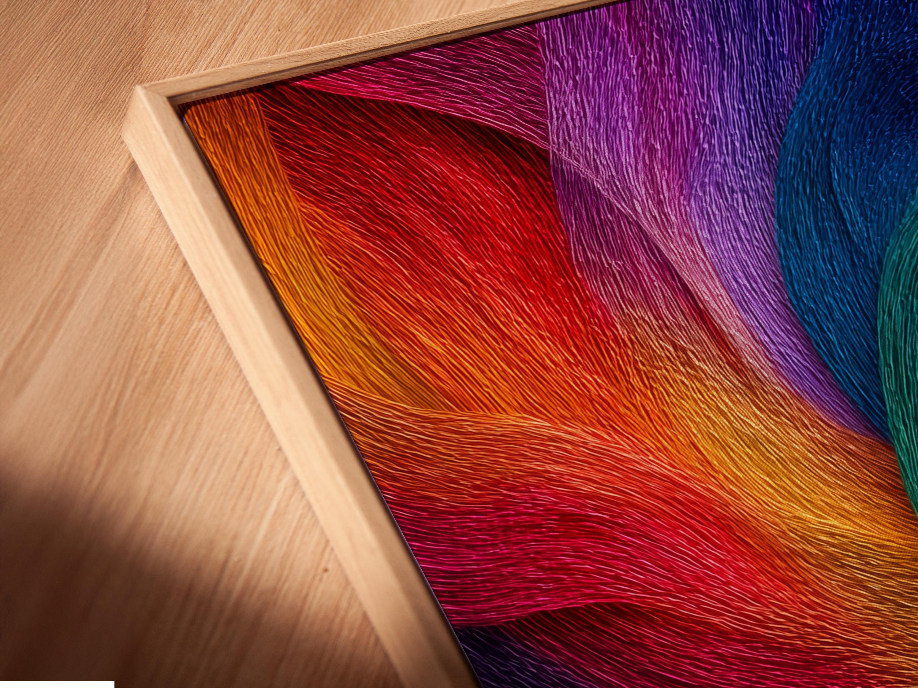 Rainbow abstract artwork with flowing curved bands in purple, blue, pink, teal, yellow and orange detail view