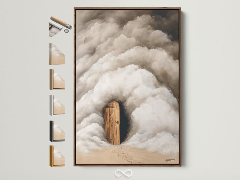 A wooden door emerges from soft grey and white clouds with warm beige ground beneath