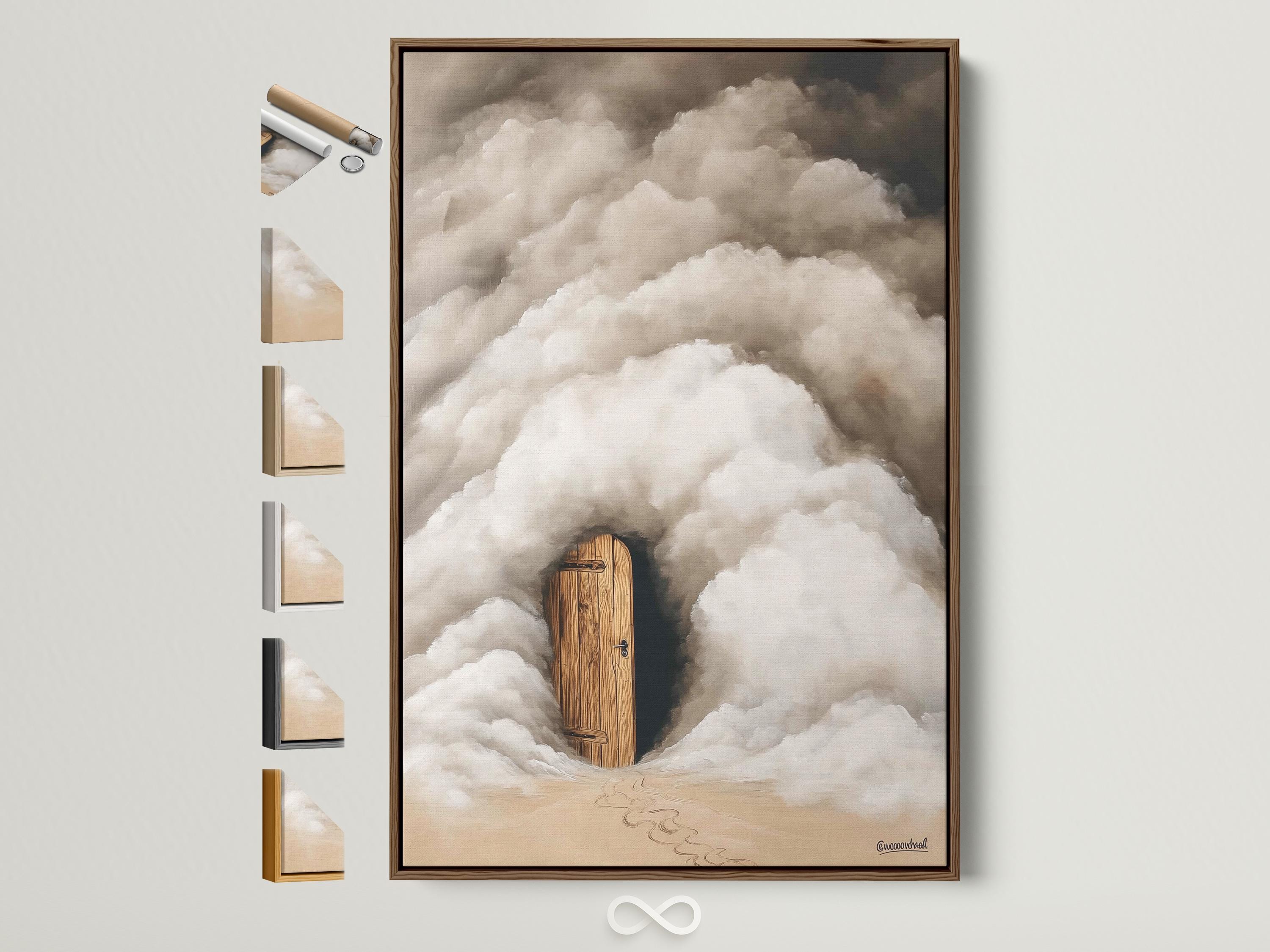 A wooden door emerges from soft grey and white clouds with warm beige ground beneath