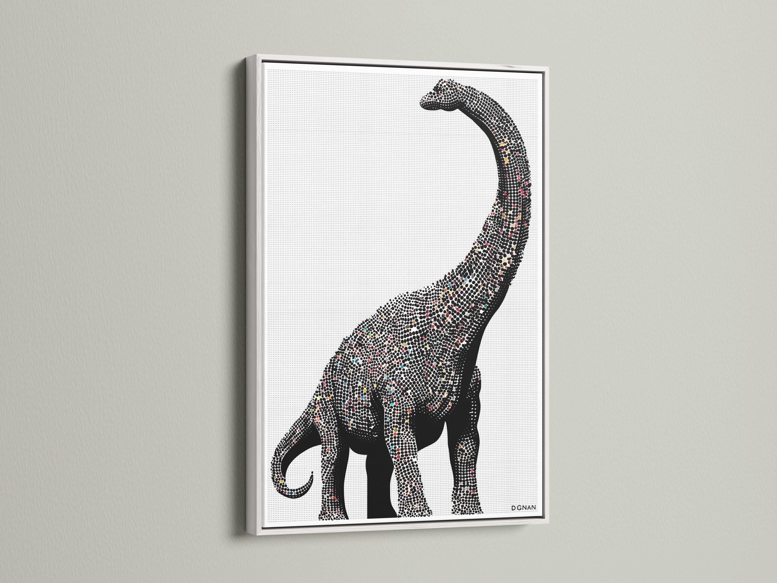 Minimalist dinosaur silhouette made from a dense dot pattern in black and off-white detail view