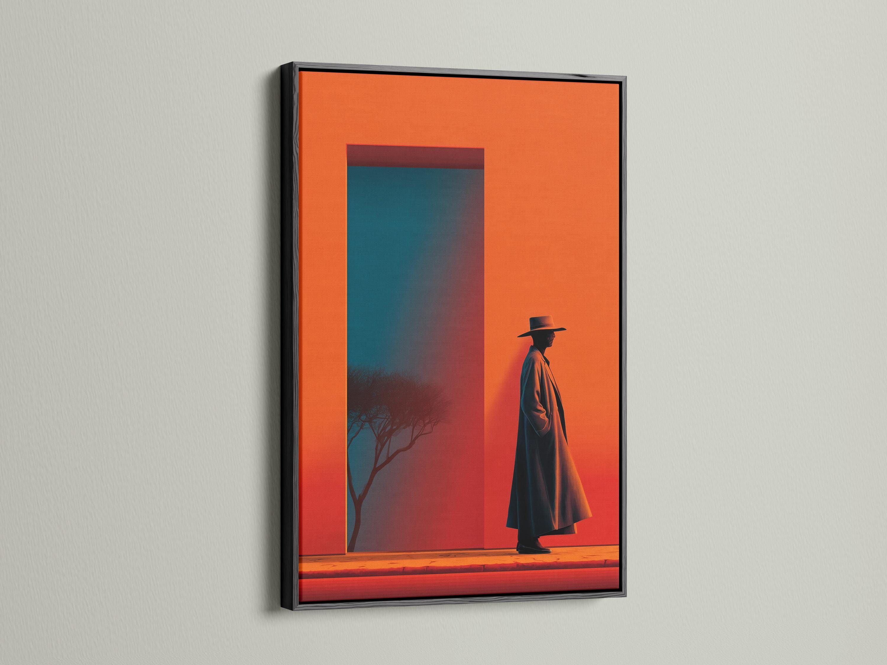 A western cowboy silhouette in a dark hat and long coat stands against a vivid orange sky, with a blue interior panel and desert-like ground below