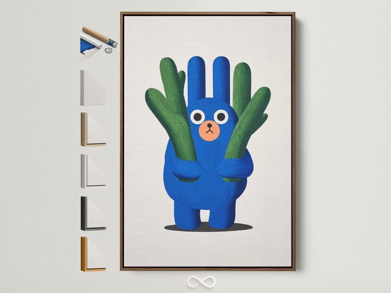Blue cartoon bear holding green cactus arms on an off-white background