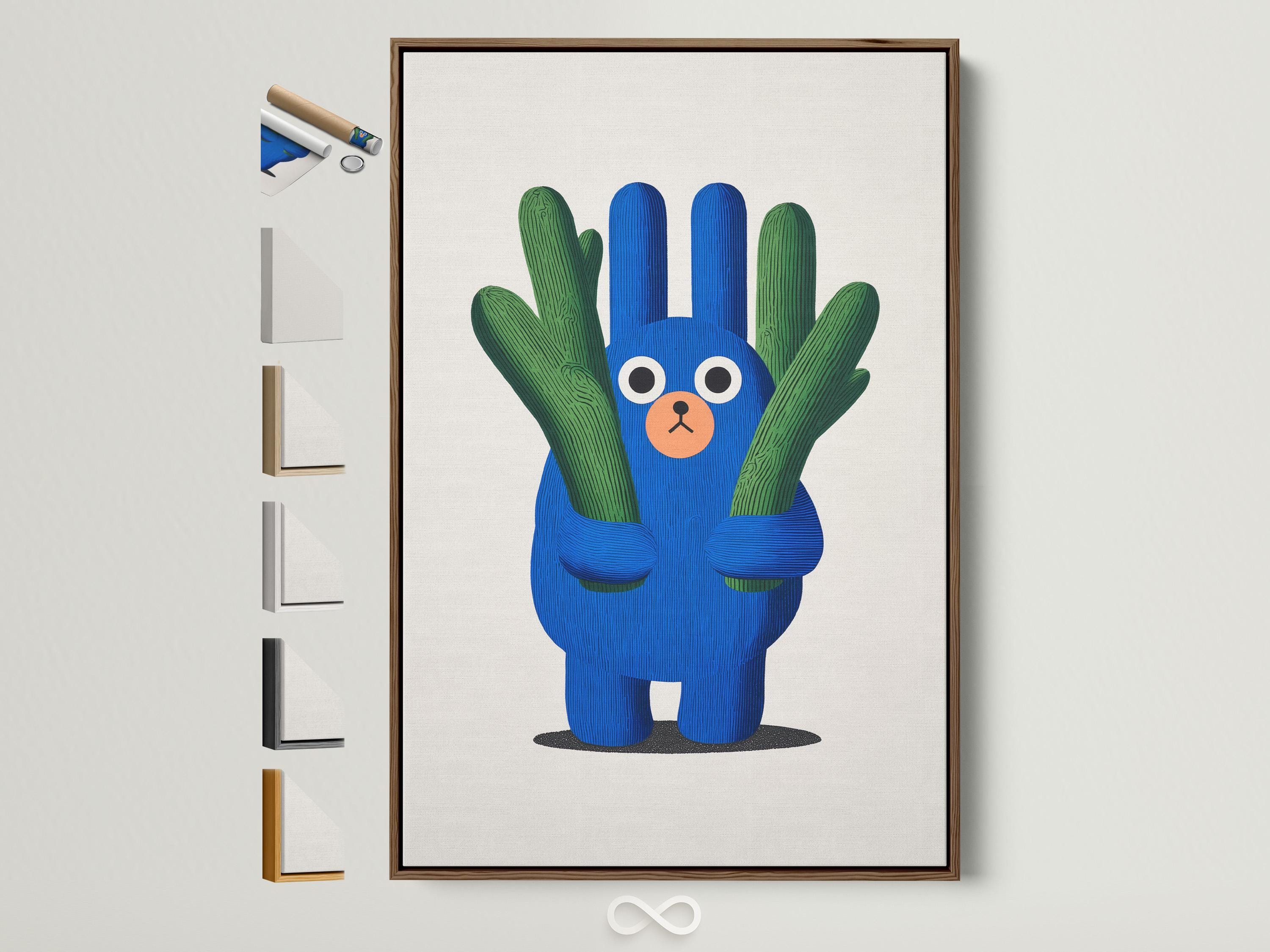 Blue cartoon bear holding green cactus arms on an off-white background