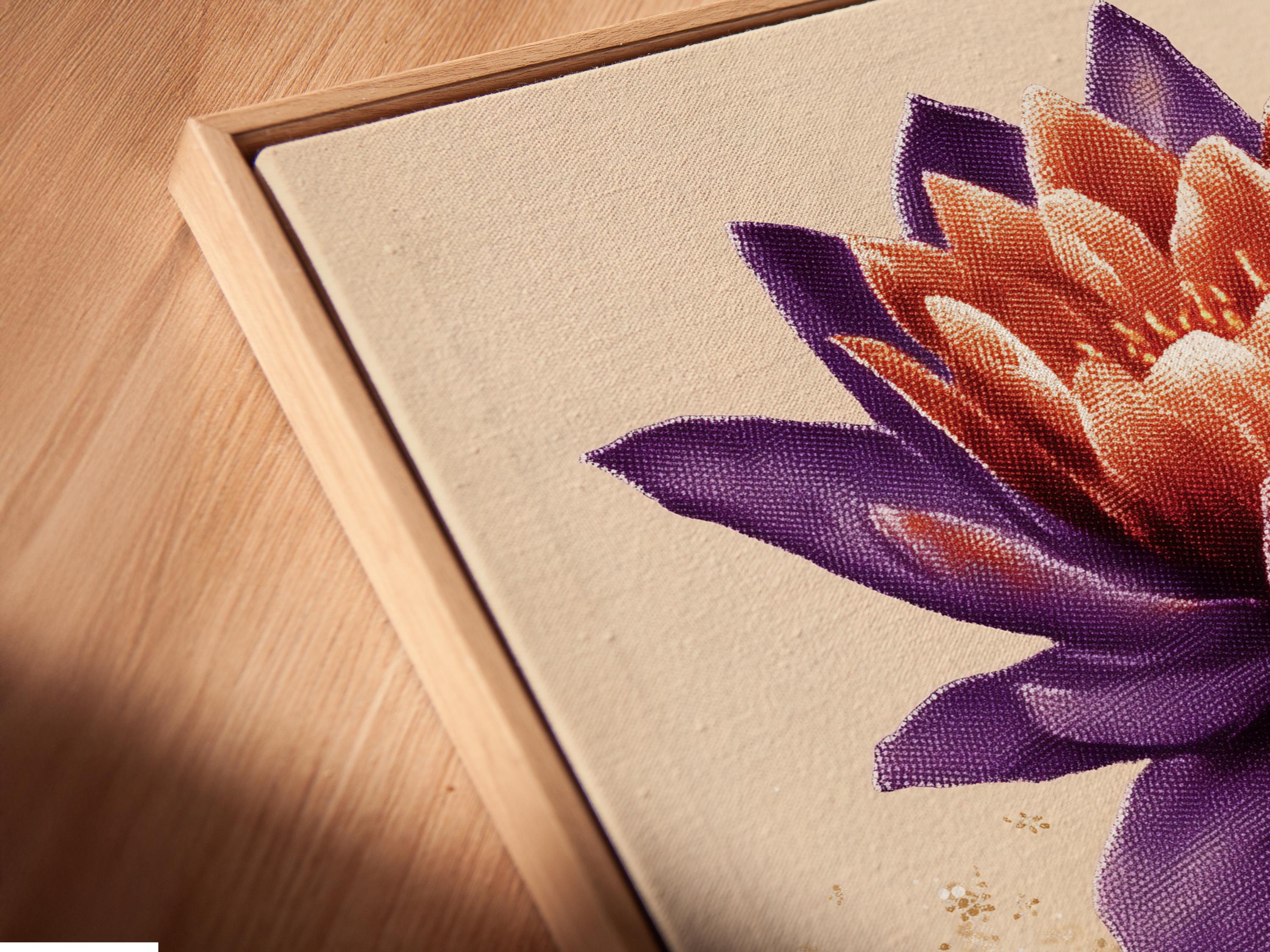 Lotus flower botanical artwork with purple petals, green leaves and gold speckles on a cream background detail view