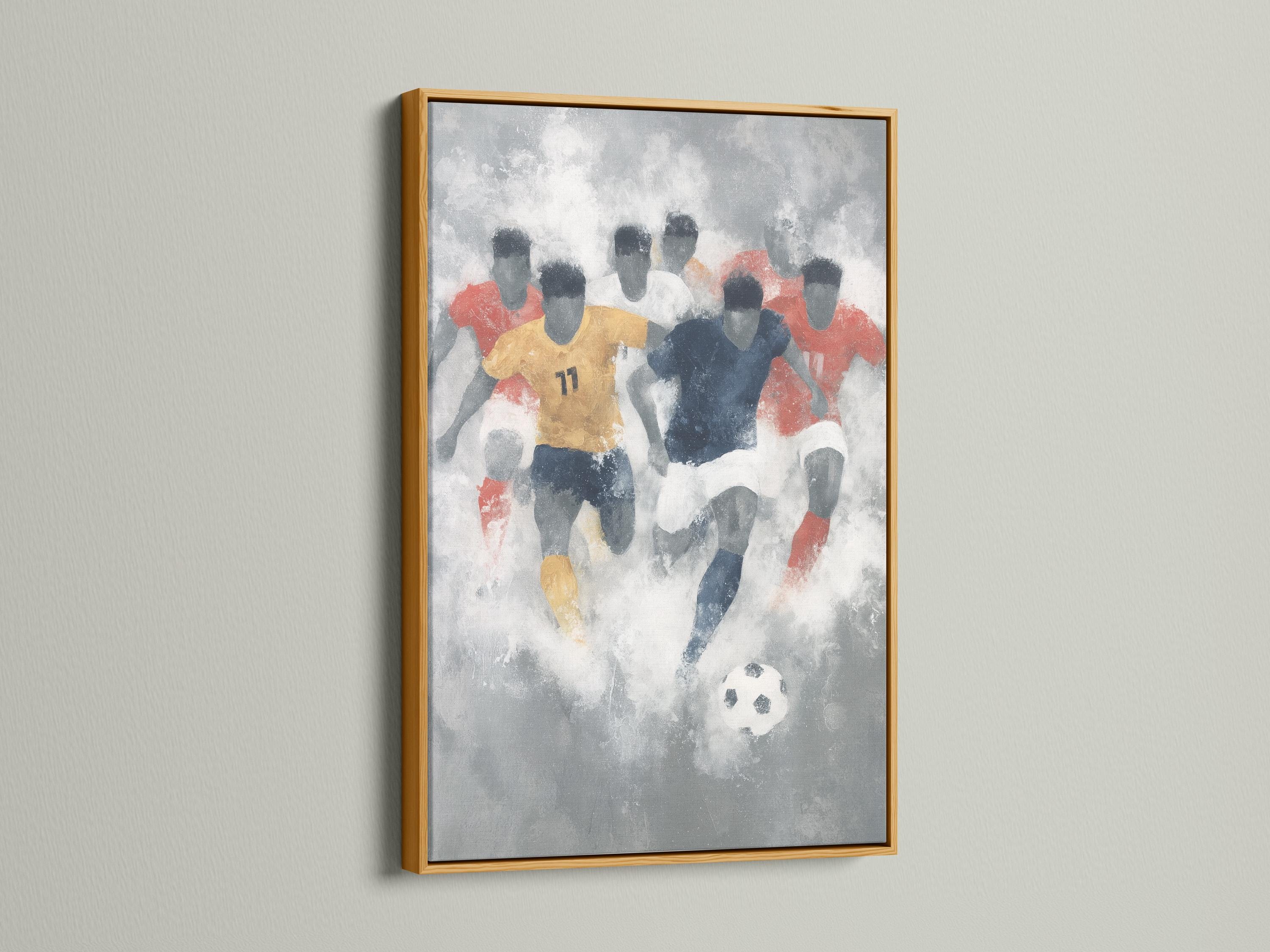 Abstract football scene with stylised players in red and navy and a small black-and-white football detail view
