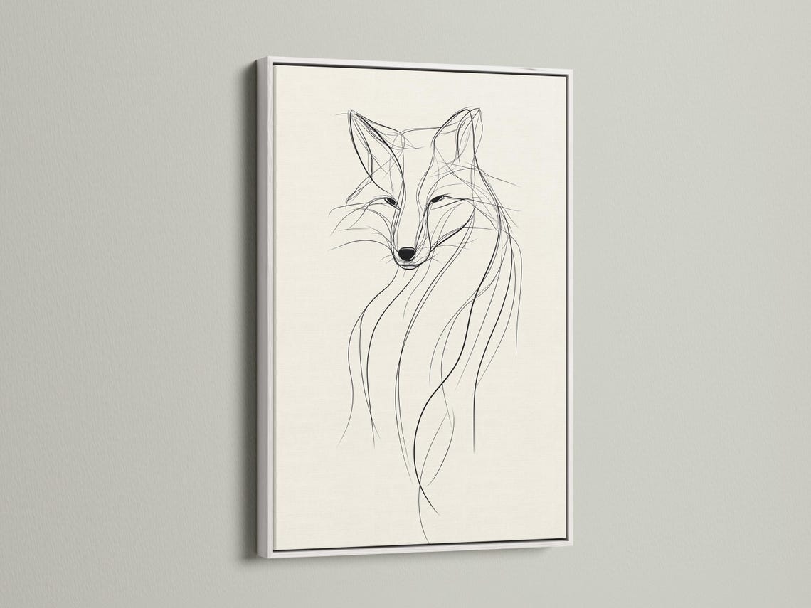 Minimalist fox line drawing in black on a warm beige background detail view