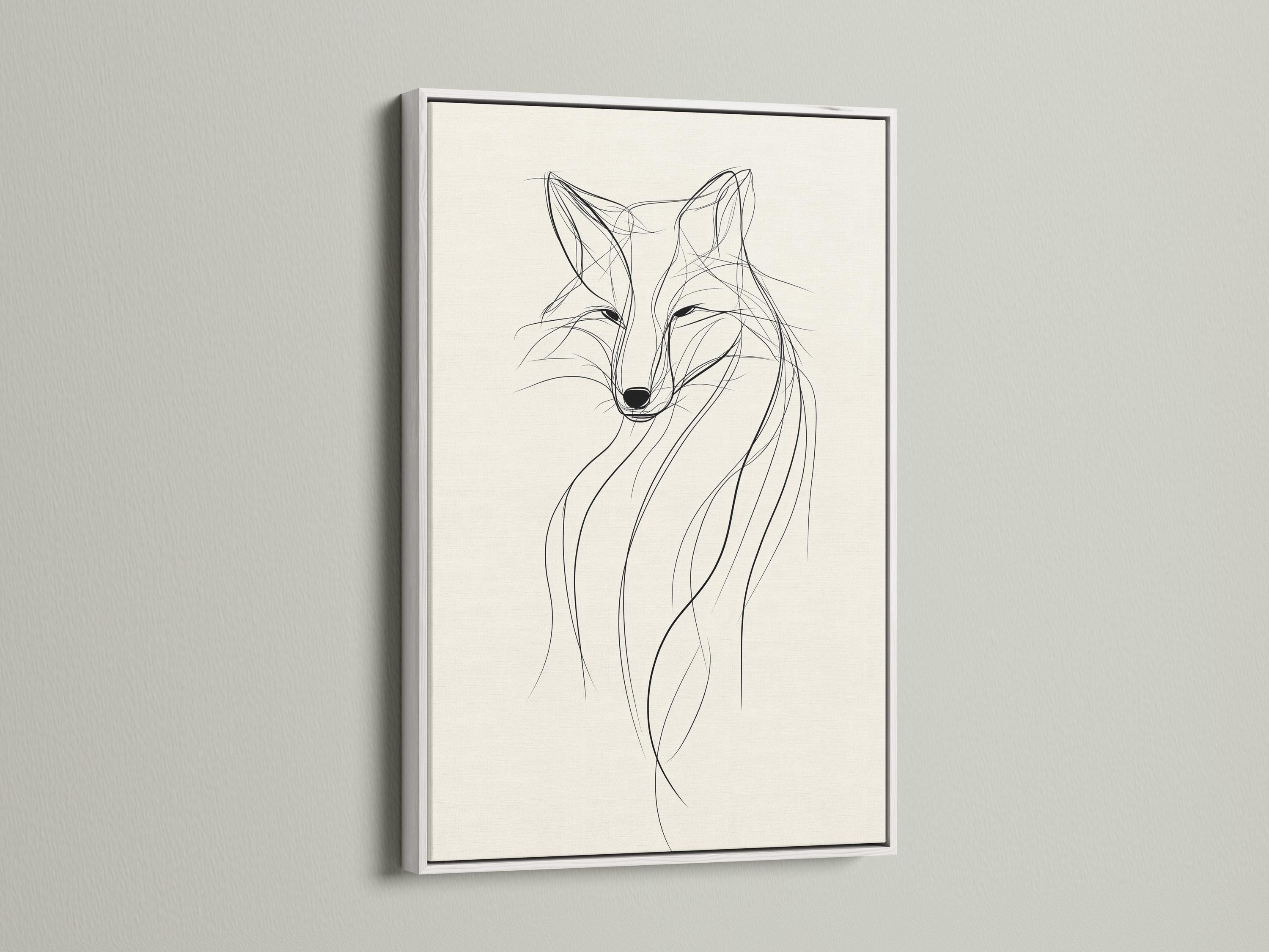 Minimalist fox line drawing in black on a warm beige background detail view