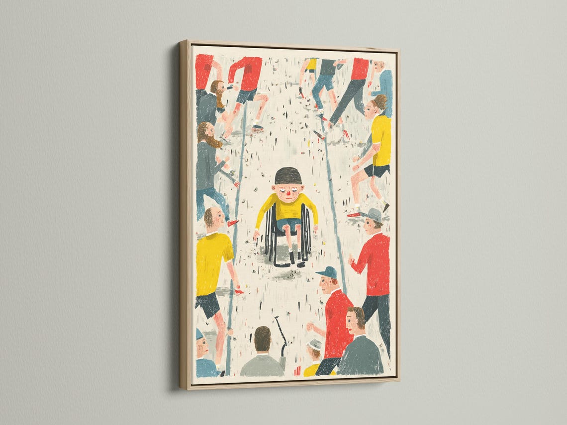 Illustrated community crowd scene with people in red, yellow and blue-green and rain-like speckles detail view