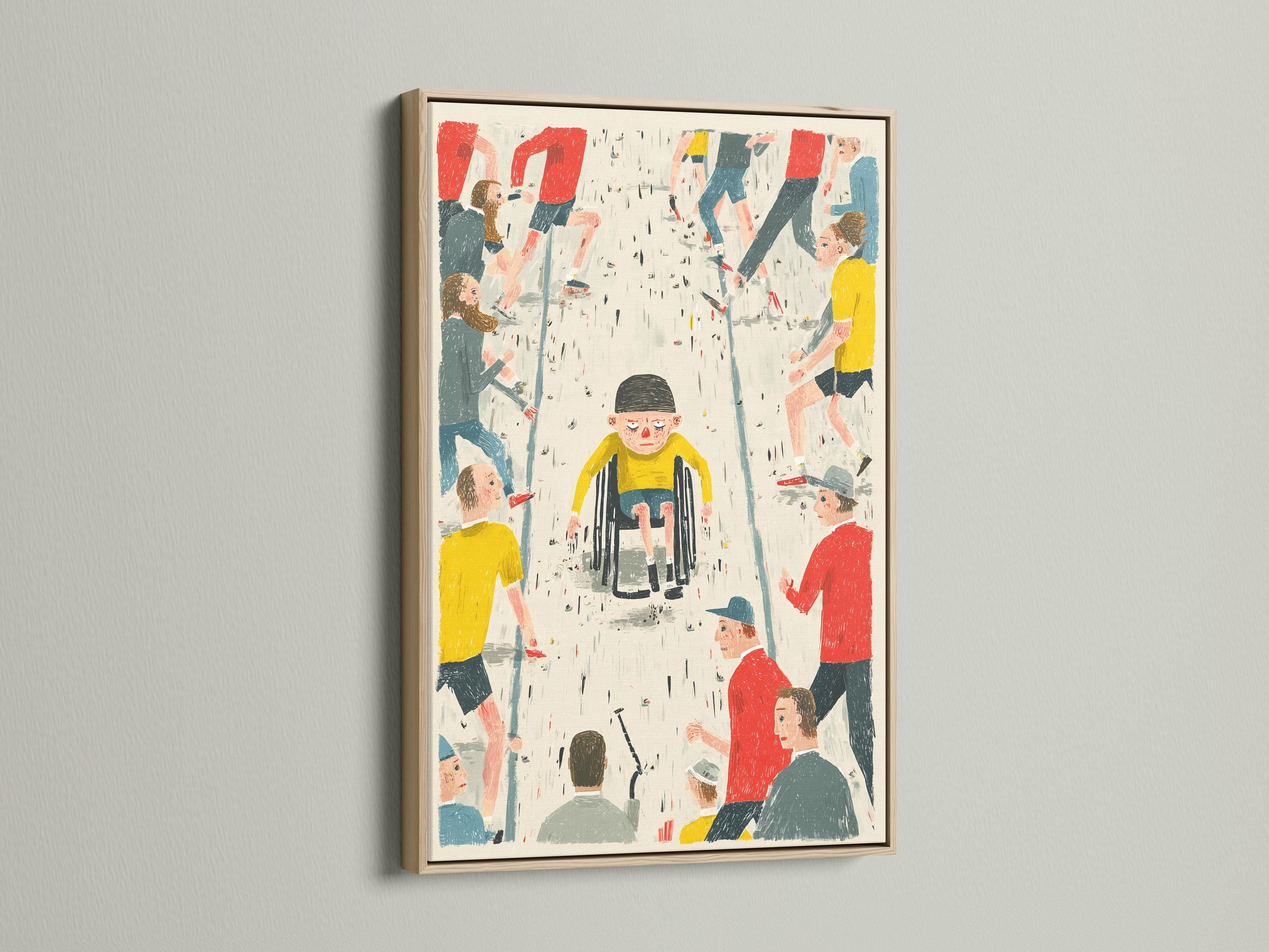 Illustrated community crowd scene with people in red, yellow and blue-green and rain-like speckles detail view