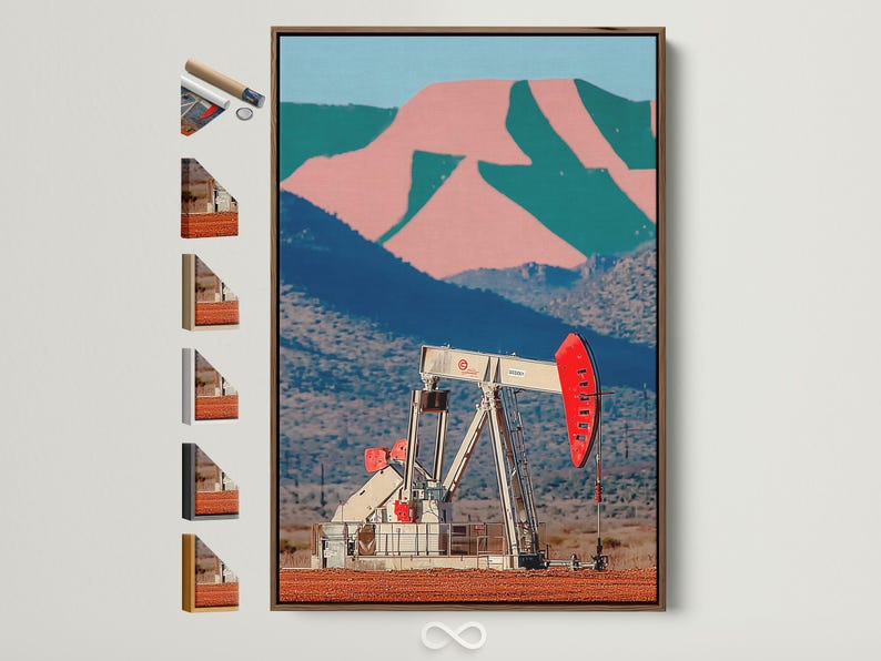 Retro oil pump rig artwork in a desert landscape with blue hills and pink rocks