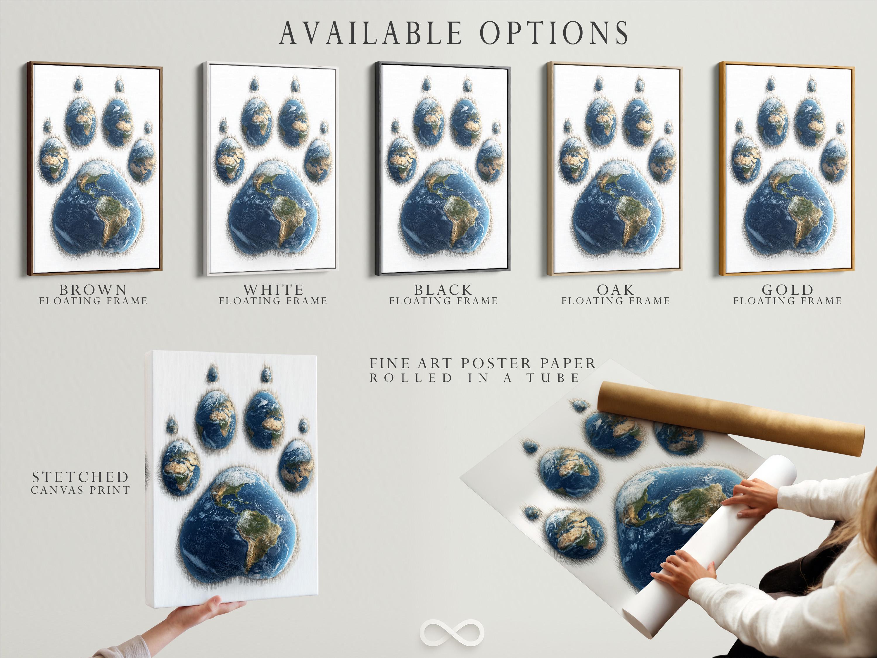 Globe Earth paw print with deep blue oceans and green and beige landmasses on a light background detail view